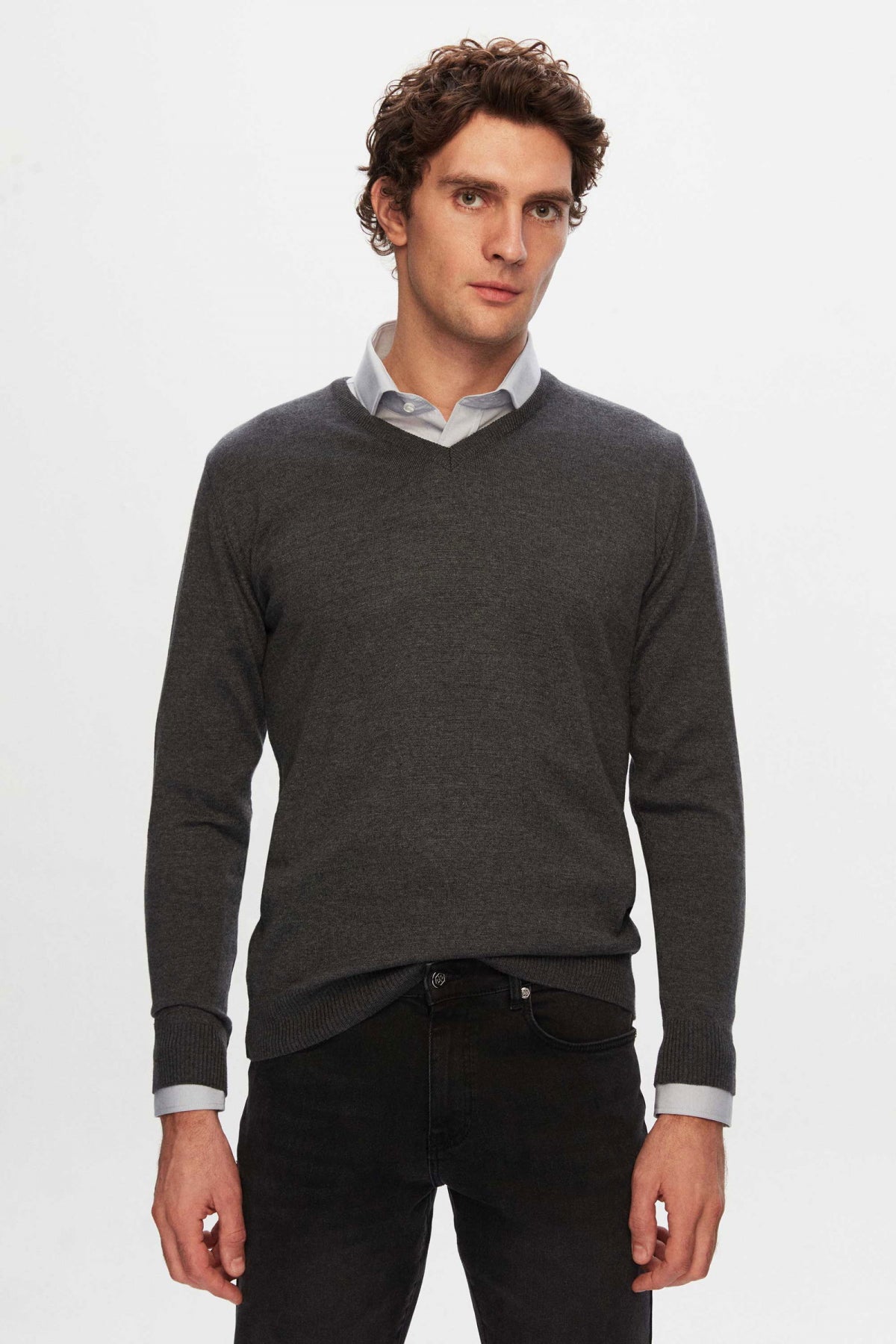 Ds Damat Slim Fit Cotton Blend 2-Pack V-Neck Sweater and Shirt  - Anthracite