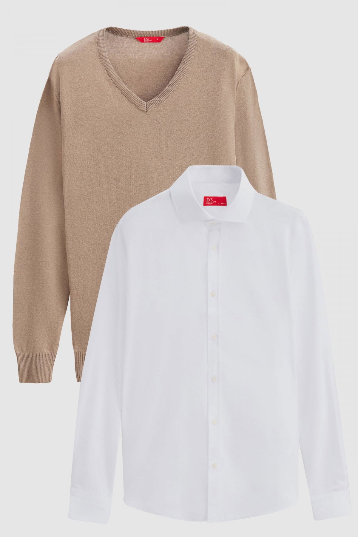 Ds Damat Slim Fit Cotton Blend 2-Pack V-Neck Sweater and Shirt  - Beige