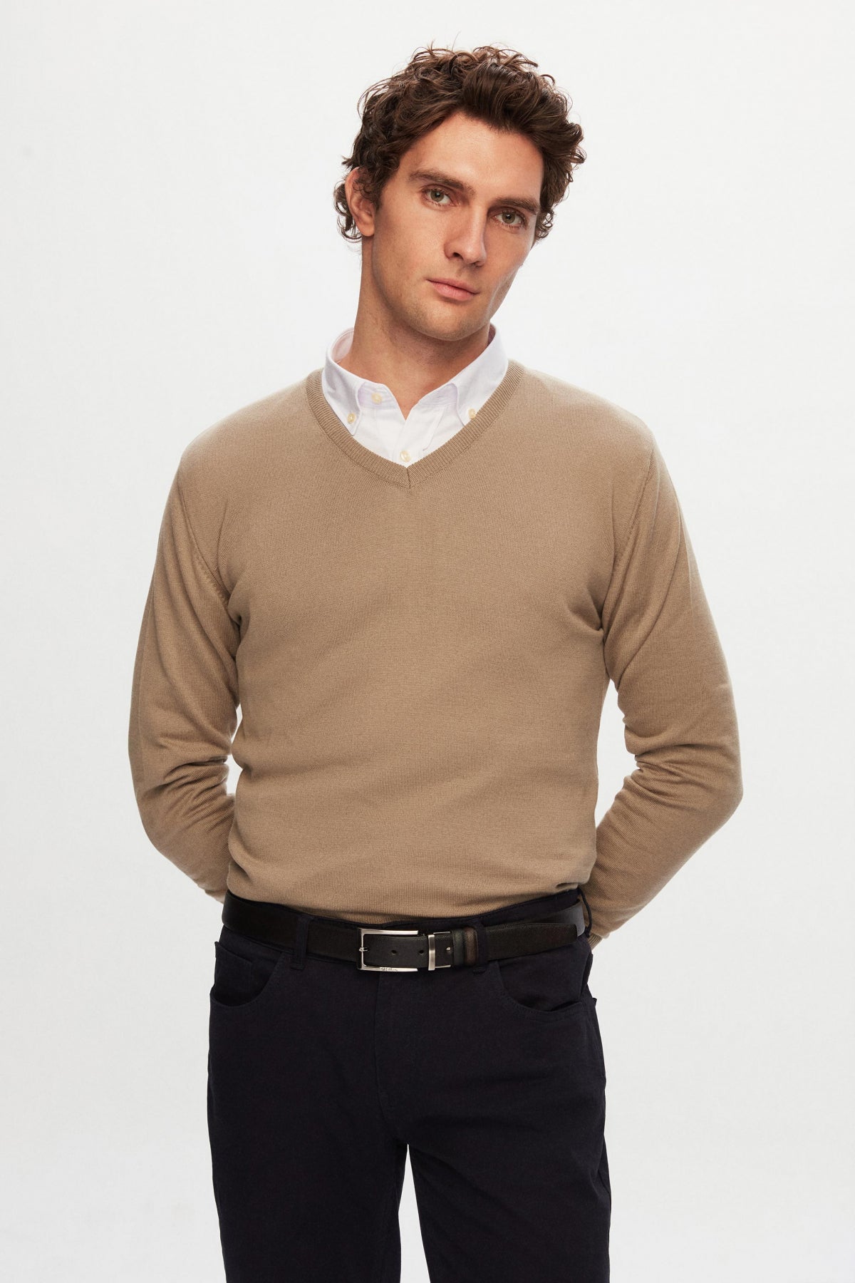 Ds Damat Slim Fit Cotton Blend 2-Pack V-Neck Sweater and Shirt  - Beige