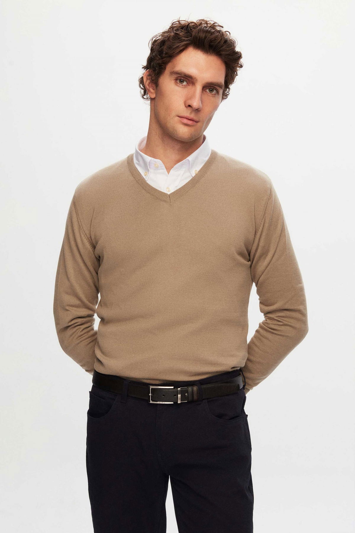 Ds Damat Slim Fit Cotton Blend 2-Pack V-Neck Sweater and Shirt  - Beige