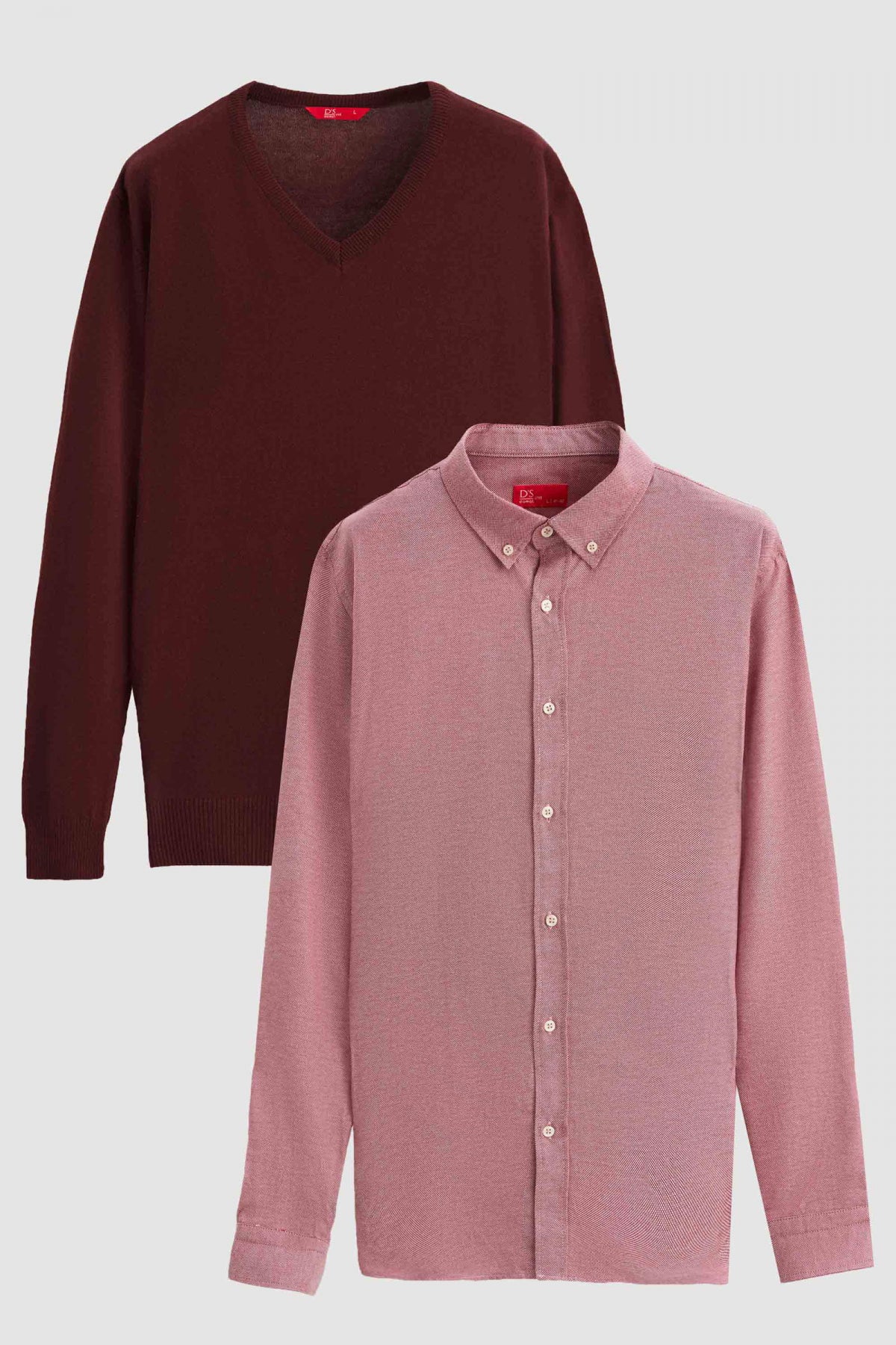 Ds Damat Slim Fit Cotton Blend 2-Pack V-Neck Sweater and Shirt  - Burgundy
