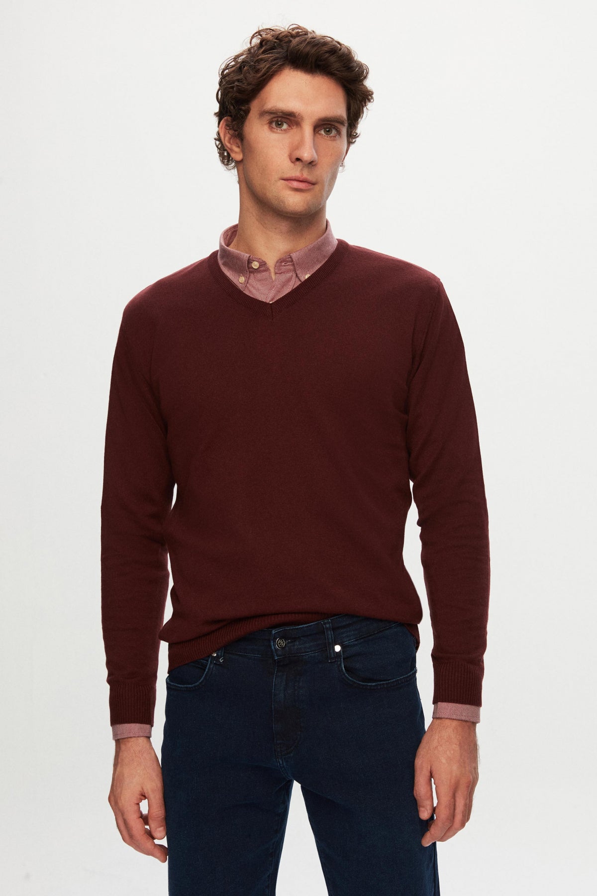 Ds Damat Slim Fit Cotton Blend 2-Pack V-Neck Sweater and Shirt  - Burgundy