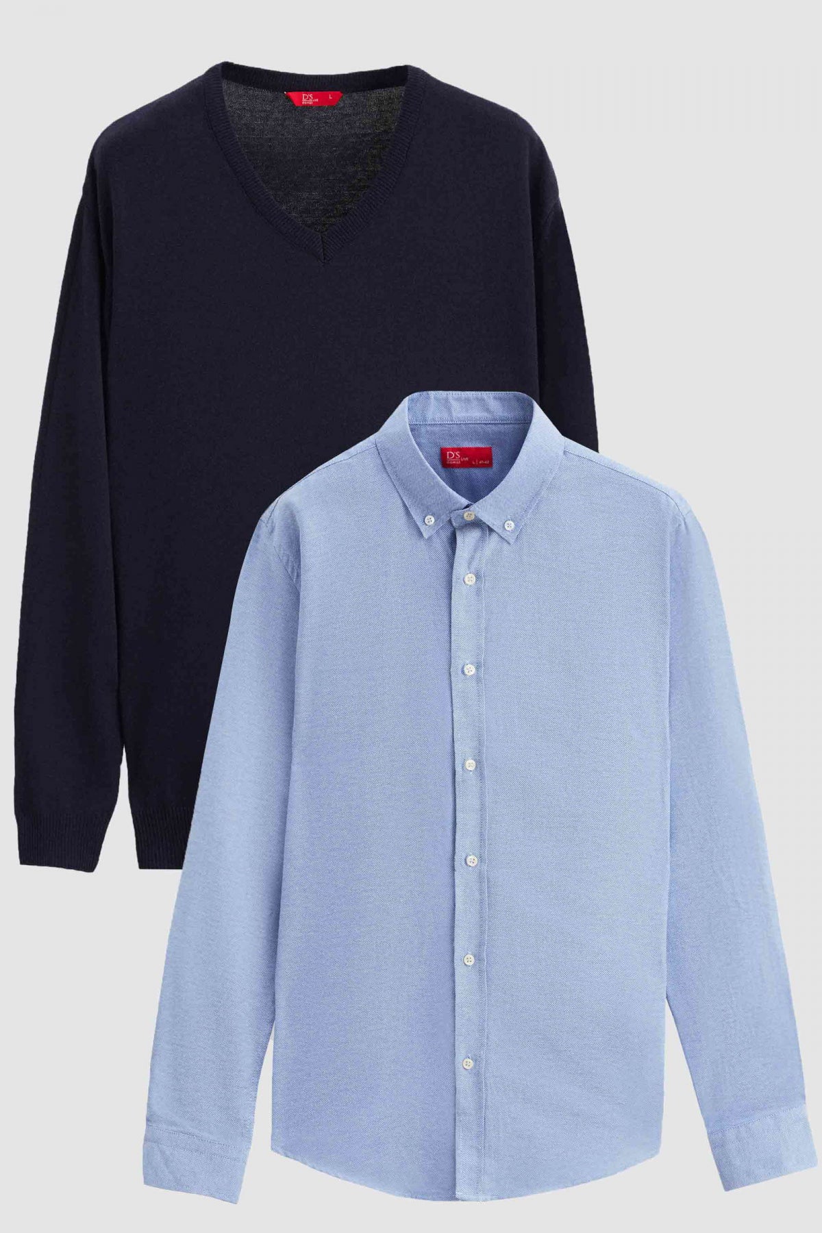 Ds Damat Slim Fit Cotton Blend 2-Pack V-Neck Sweater and Shirt  - Navy Blue