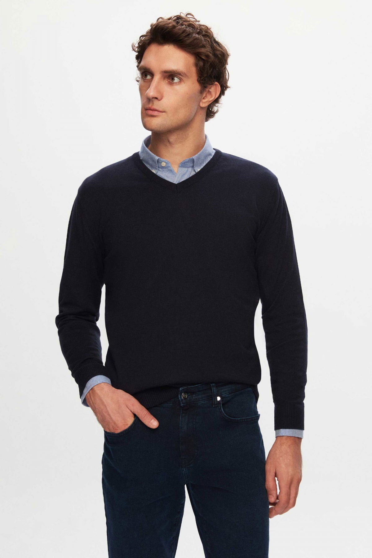 Ds Damat Slim Fit Cotton Blend 2-Pack V-Neck Sweater and Shirt  - Navy Blue
