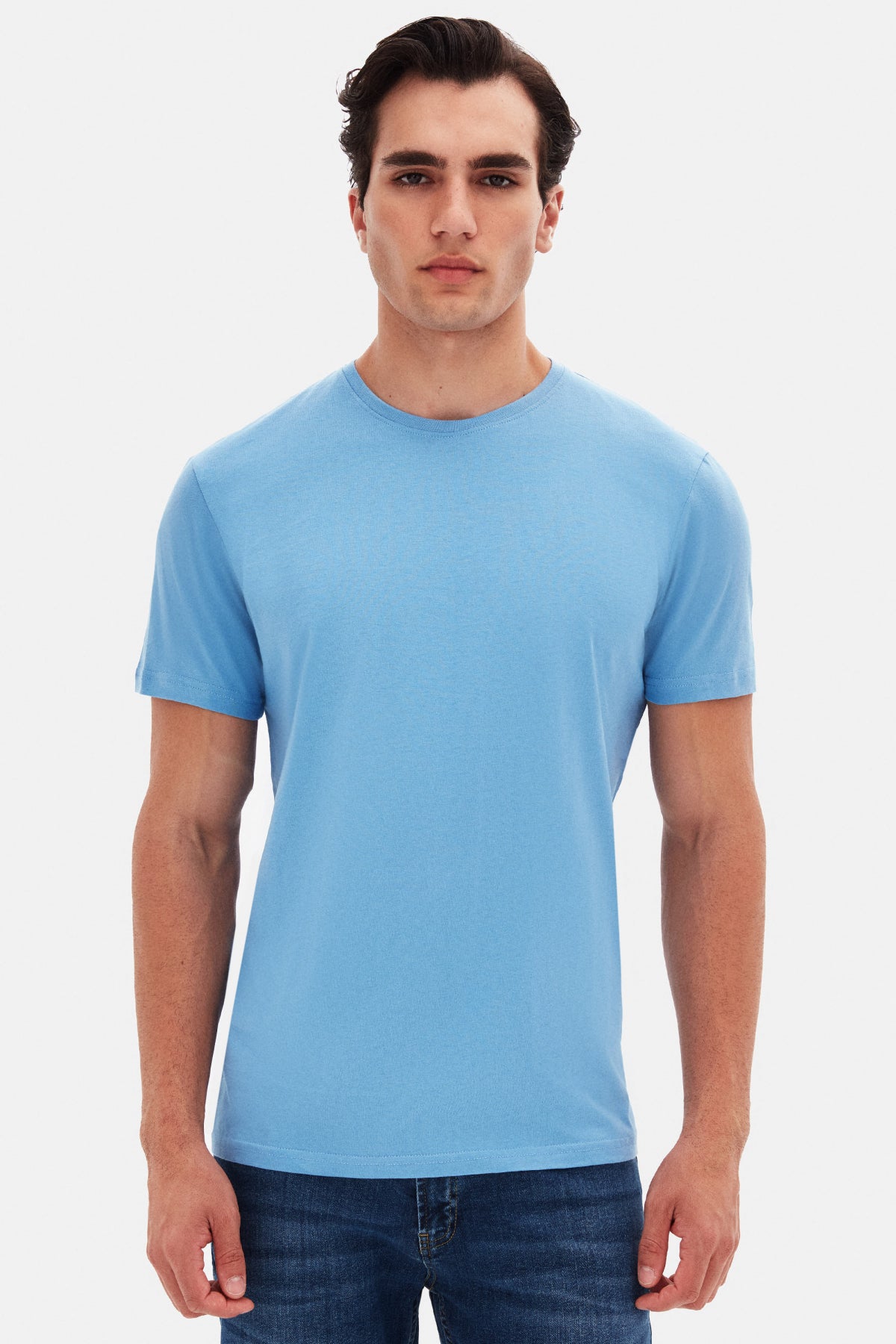 Ds Damat Slim Fit Crew Neck 100% Cotton Breathable T-Shirt  - Light Indigo