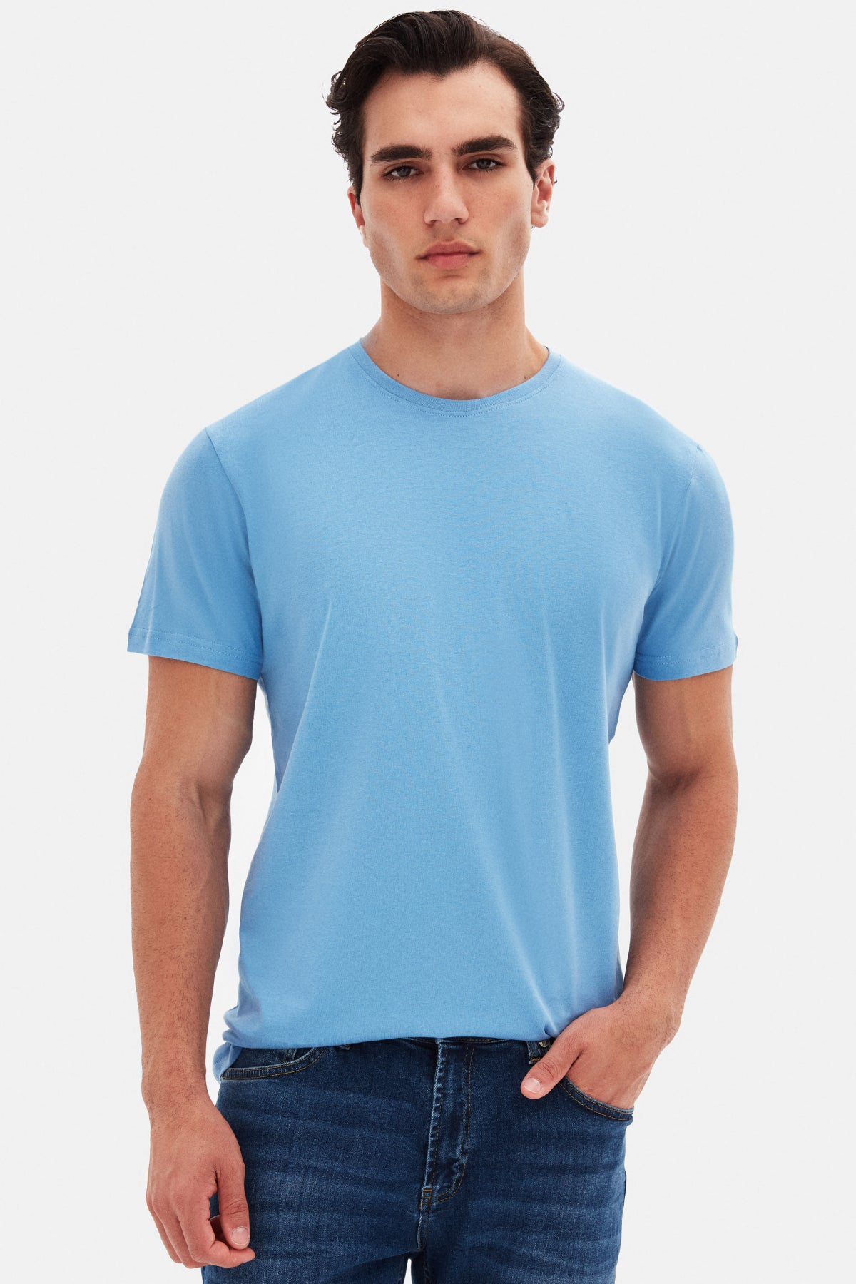 Ds Damat Slim Fit Crew Neck 100% Cotton Breathable T-Shirt  - Light Indigo