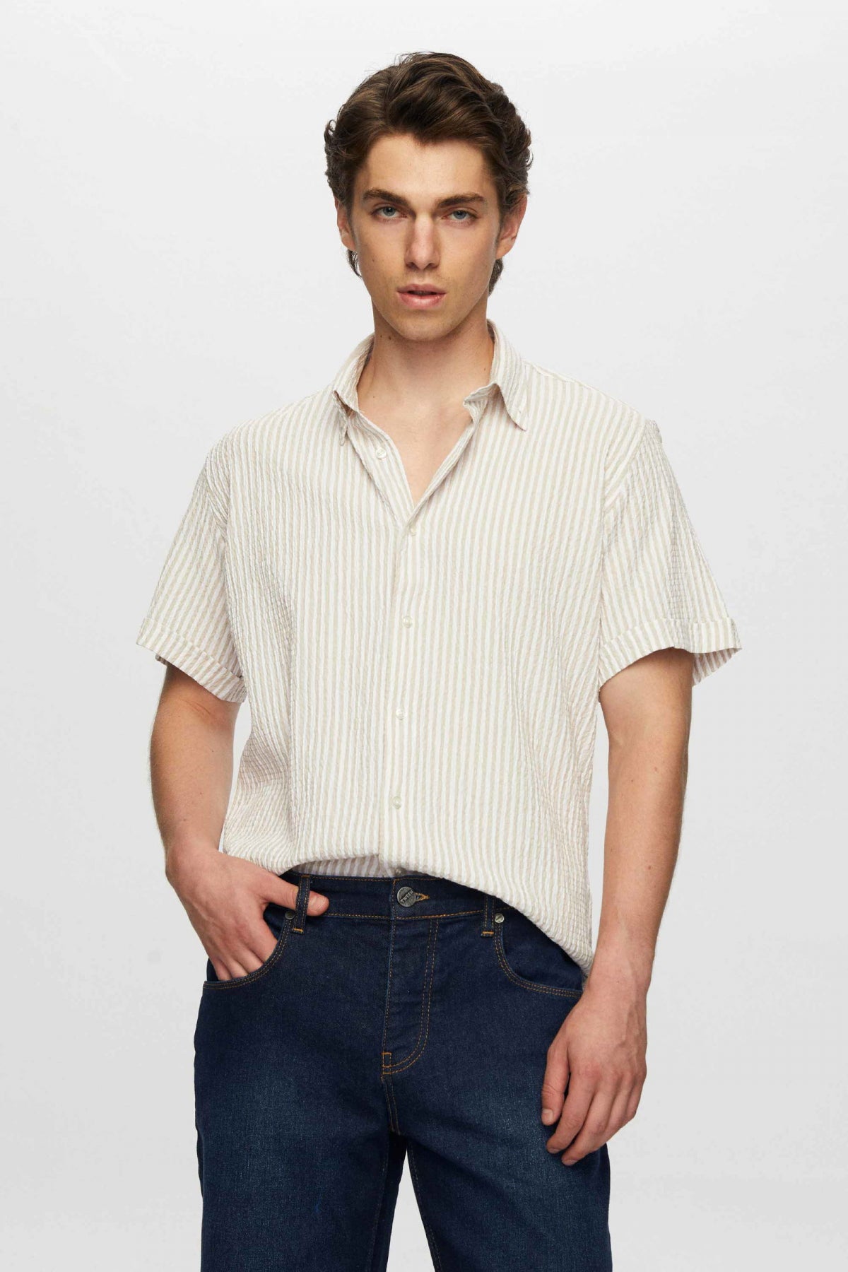 Ds Damat Slim Fit Crinkled Short Sleeve Shirt  - Beige