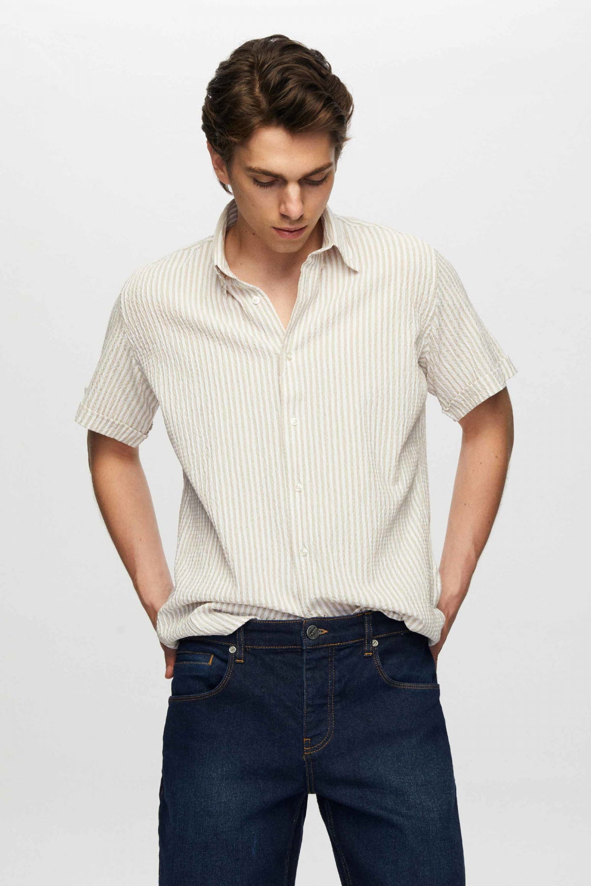 Ds Damat Slim Fit Crinkled Short Sleeve Shirt  - Beige
