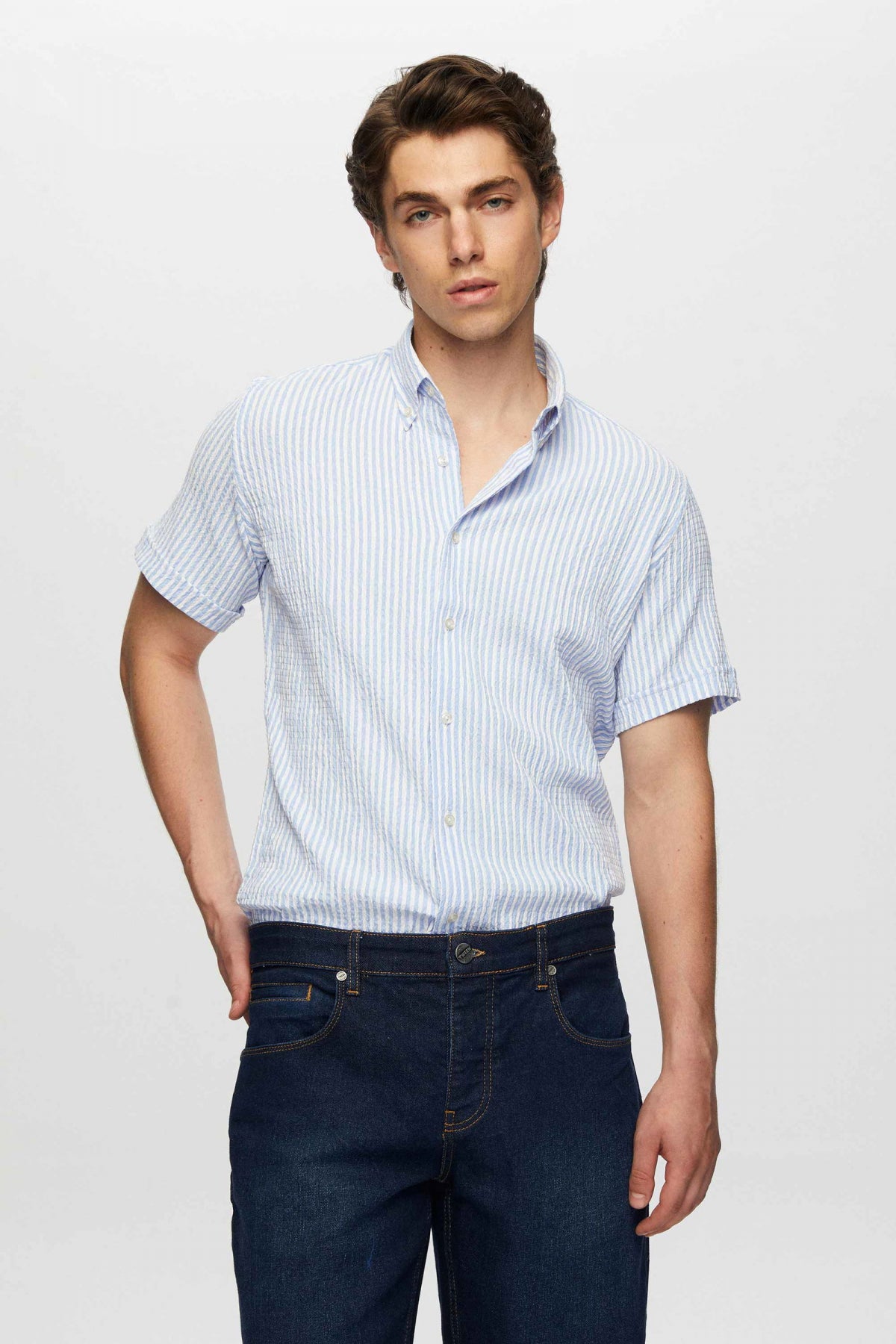 Ds Damat Slim Fit Crinkled Short Sleeve Shirt  - Blue