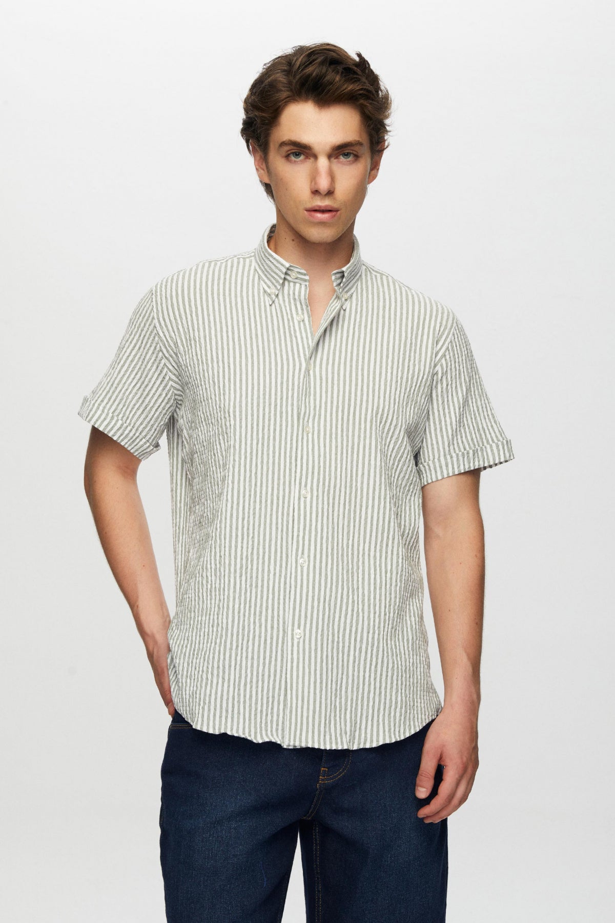 Ds Damat Slim Fit Crinkled Short Sleeve Shirt  - Green
