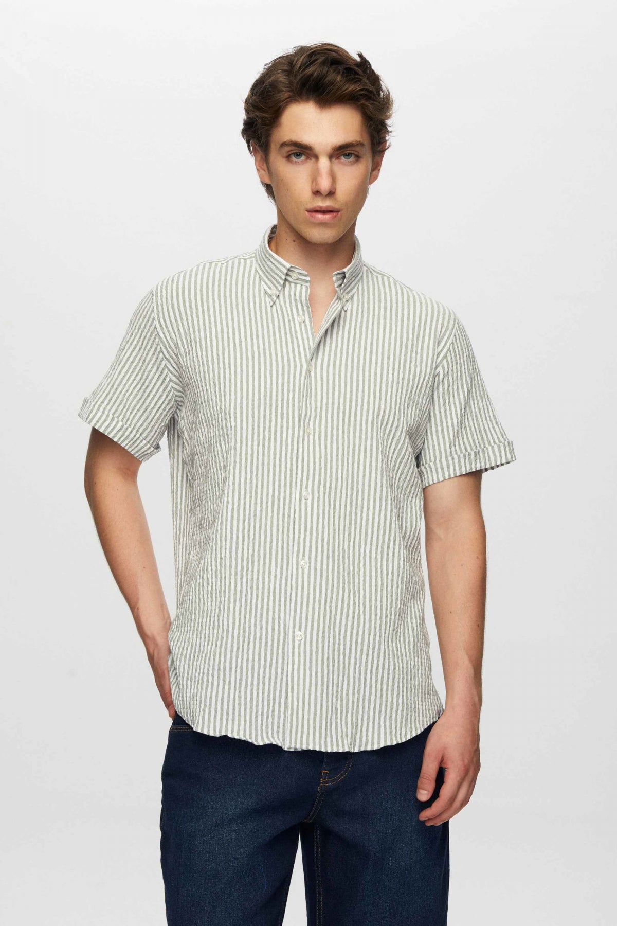 Ds Damat Slim Fit Crinkled Short Sleeve Shirt  - Green