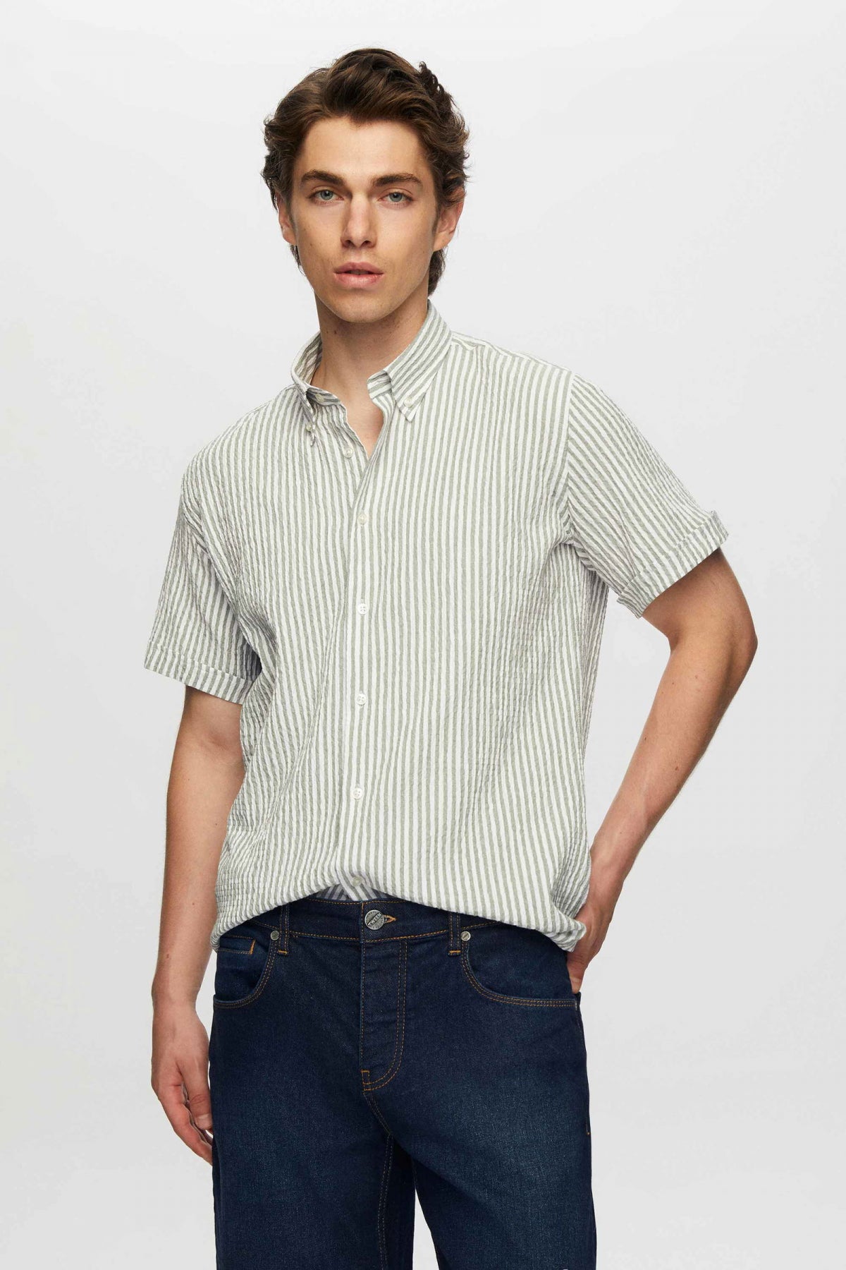 Ds Damat Slim Fit Crinkled Short Sleeve Shirt  - Green