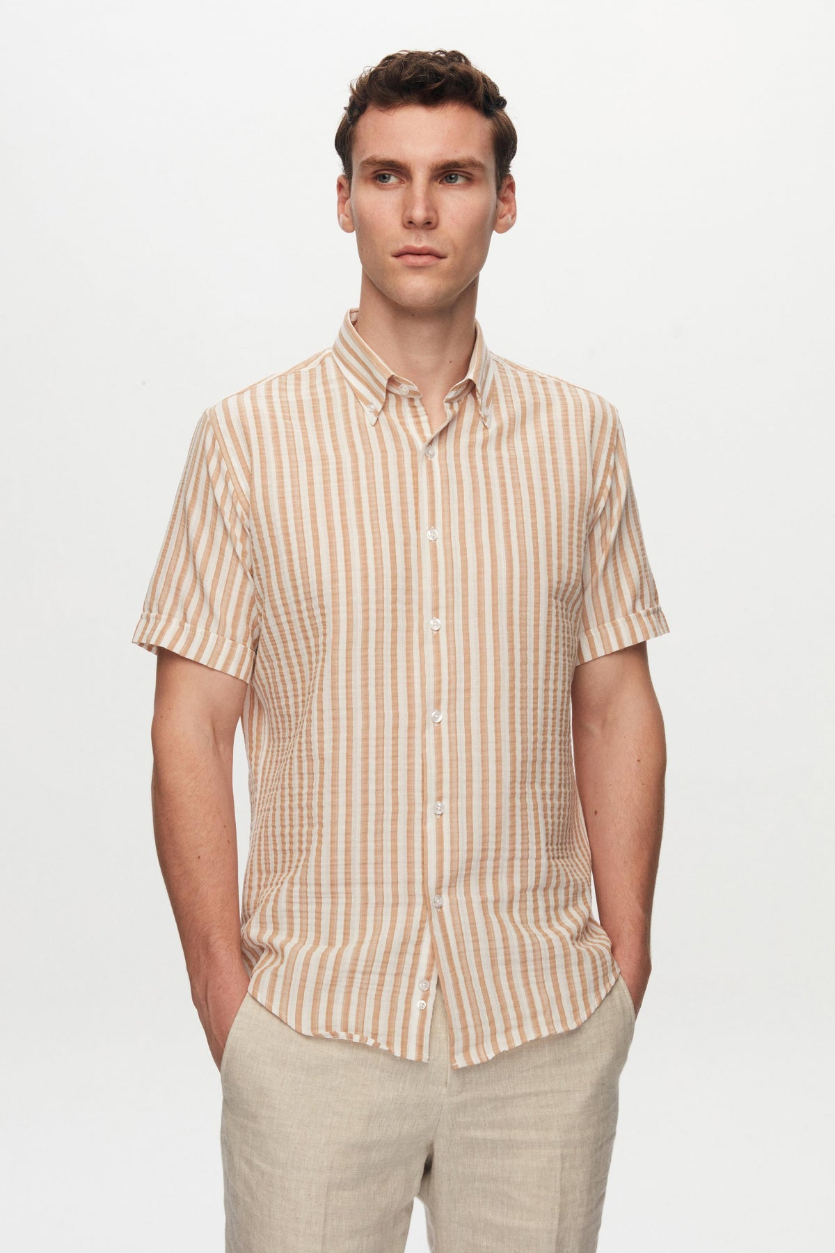 Ds Damat Slim Fit Crinkled Striped Short-Sleeve Summer Shirt  - Beige