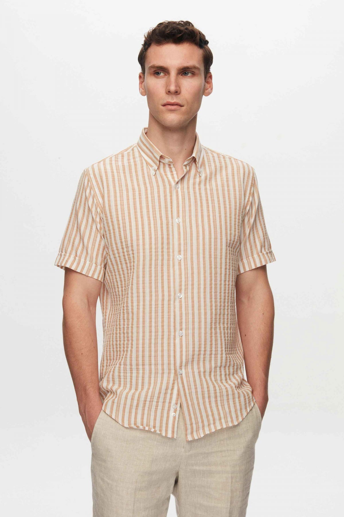 Ds Damat Slim Fit Crinkled Striped Short-Sleeve Summer Shirt  - Beige