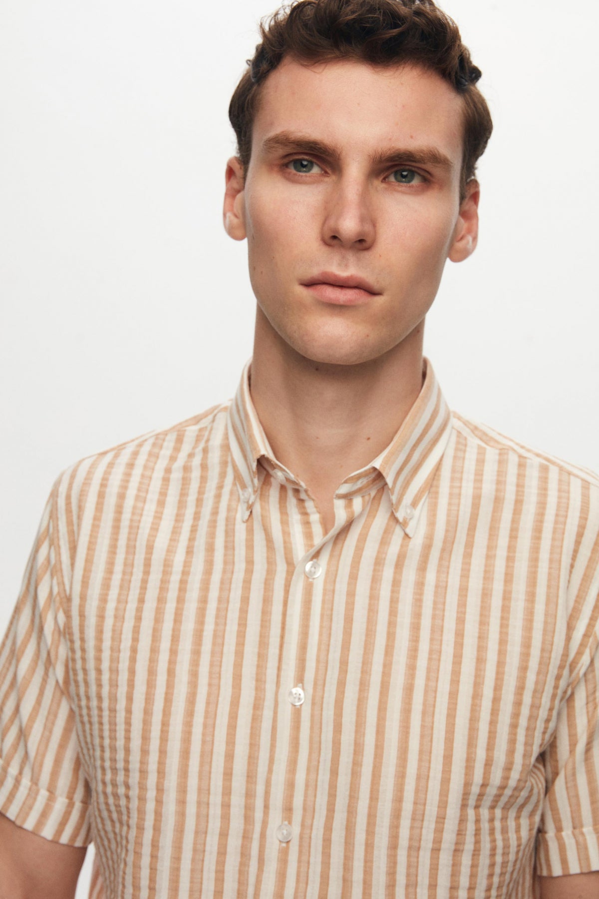 Ds Damat Slim Fit Crinkled Striped Short-Sleeve Summer Shirt  - Beige