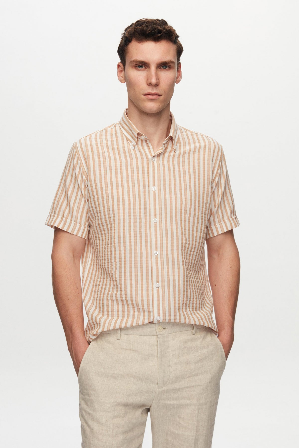 Ds Damat Slim Fit Crinkled Striped Short-Sleeve Summer Shirt  - Beige