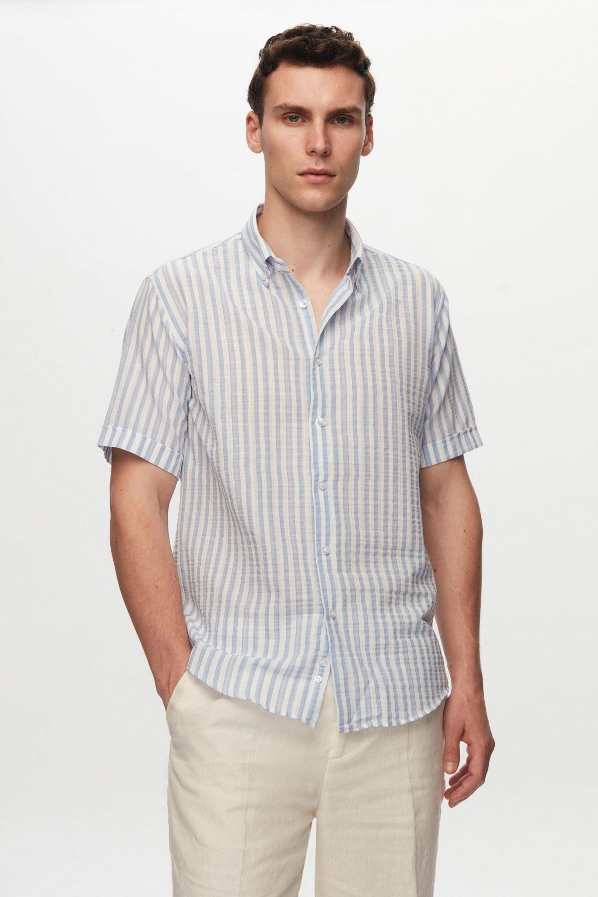 Ds Damat Slim Fit Crinkled Striped Short-Sleeve Summer Shirt  - Blue