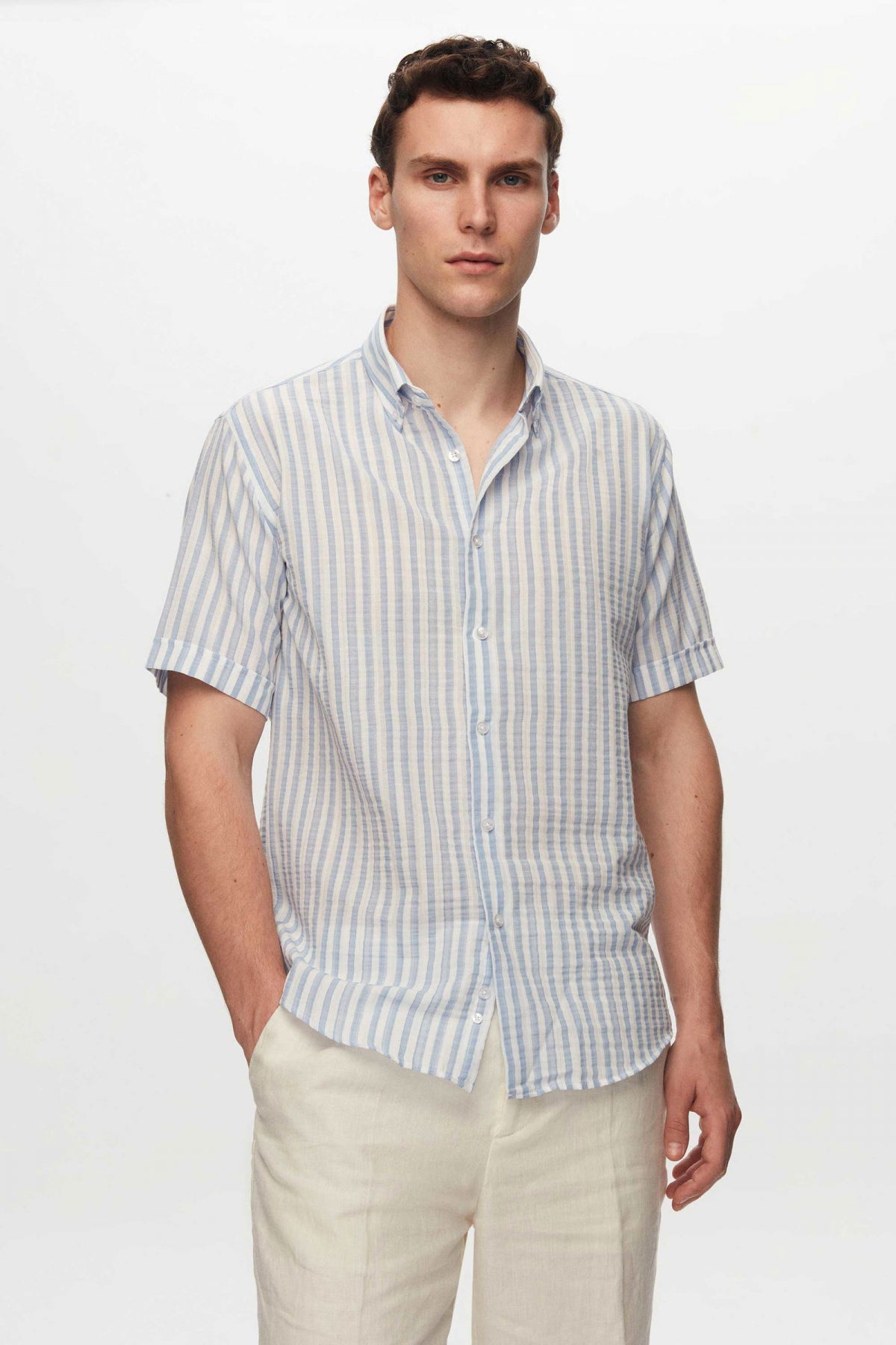 Ds Damat Slim Fit Crinkled Striped Short-Sleeve Summer Shirt  - Blue