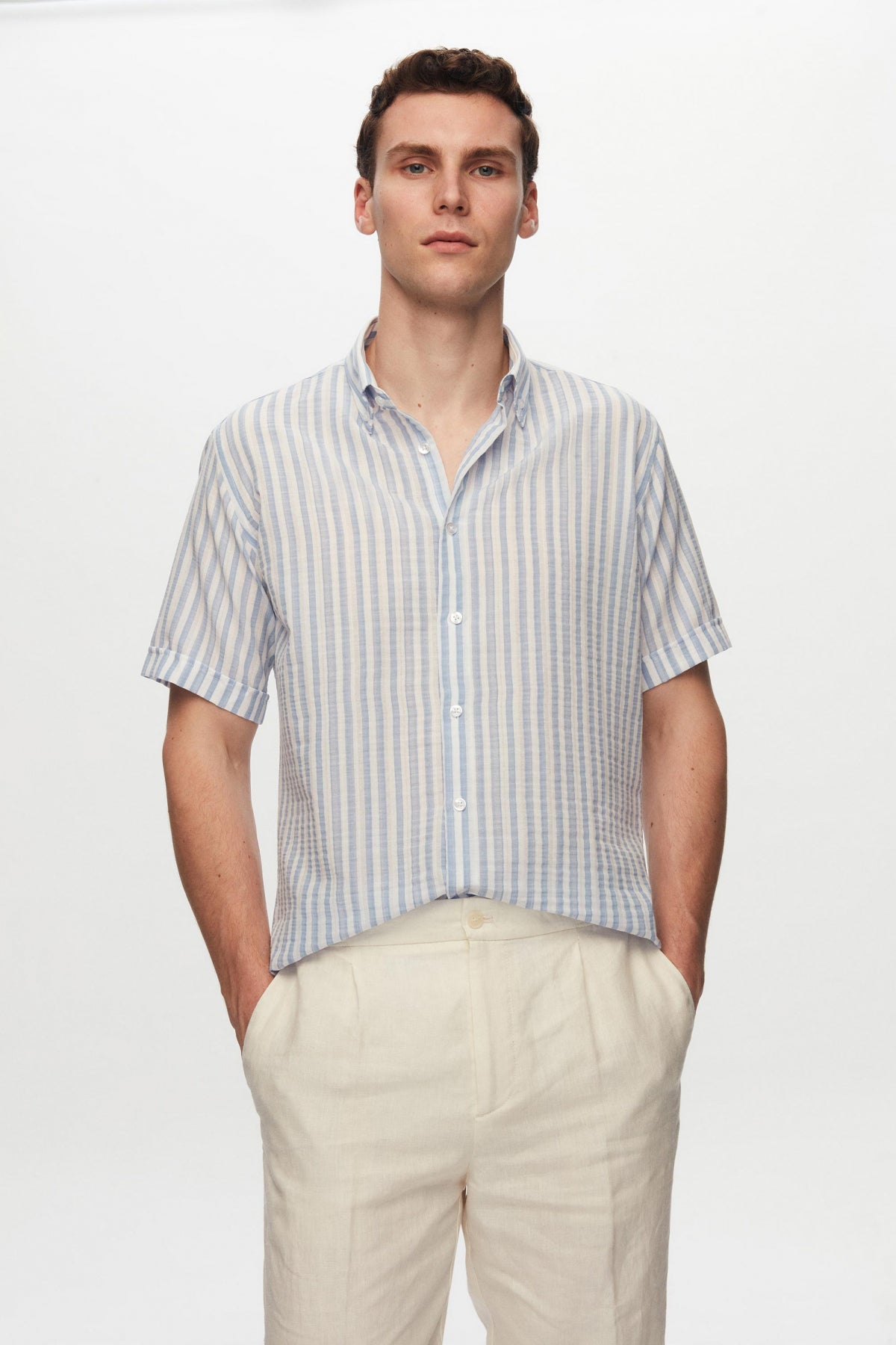Ds Damat Slim Fit Crinkled Striped Short-Sleeve Summer Shirt  - Blue