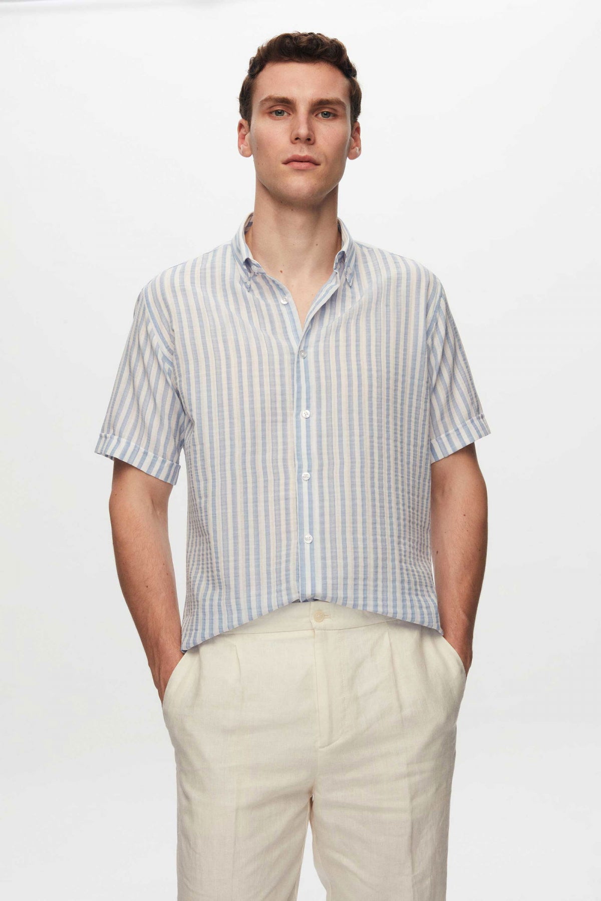Ds Damat Slim Fit Crinkled Striped Short-Sleeve Summer Shirt  - Blue