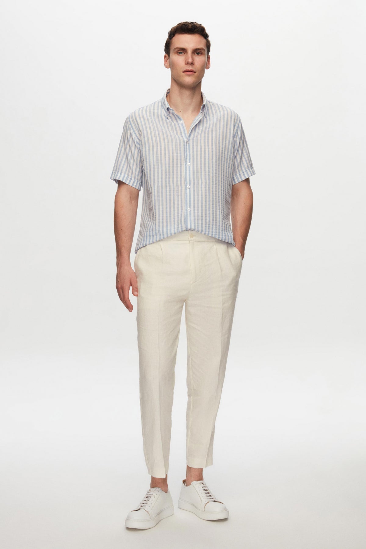 Ds Damat Slim Fit Crinkled Striped Short-Sleeve Summer Shirt  - Blue