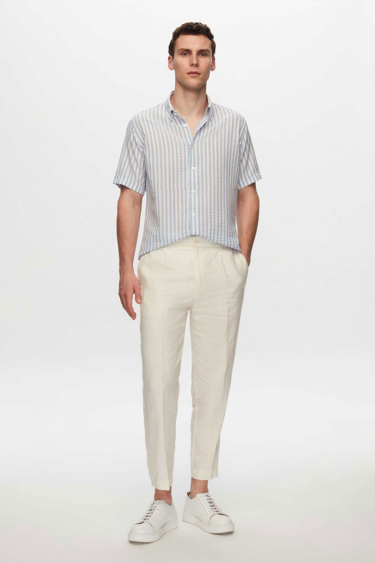 Ds Damat Slim Fit Crinkled Striped Short-Sleeve Summer Shirt  - Blue