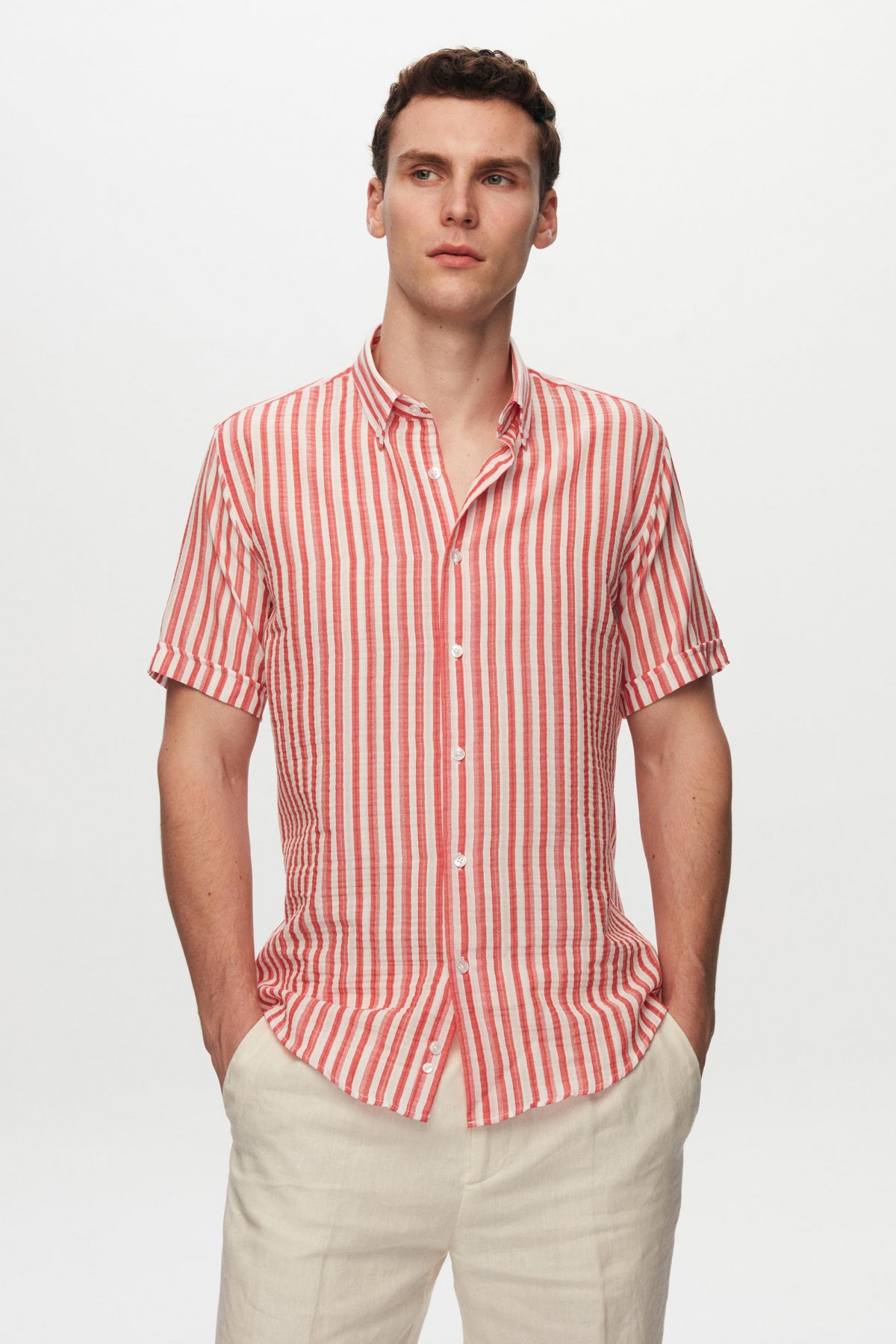 Ds Damat Slim Fit Crinkled Striped Short-Sleeve Summer Shirt  - Brick