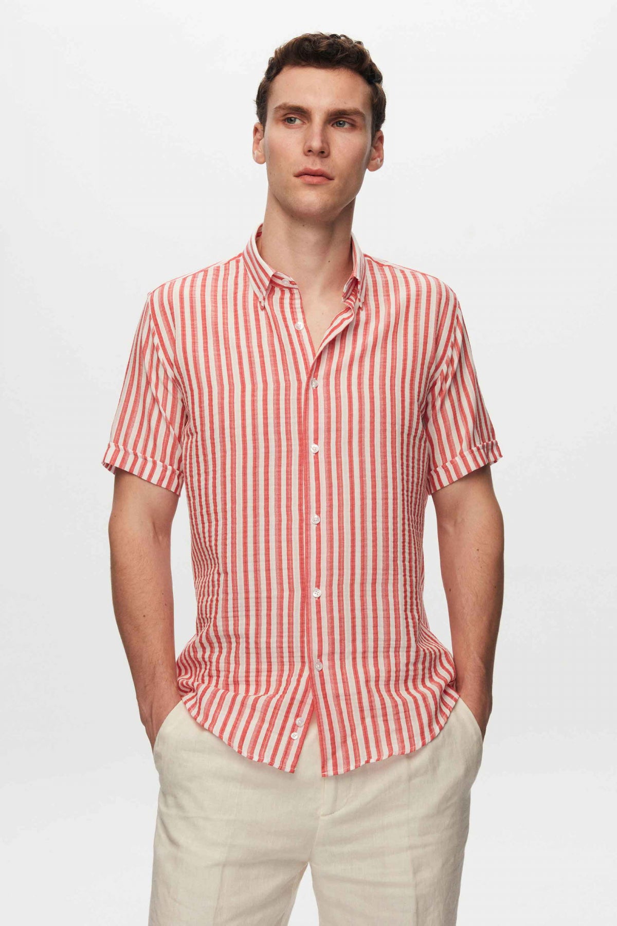 Ds Damat Slim Fit Crinkled Striped Short-Sleeve Summer Shirt  - Brick