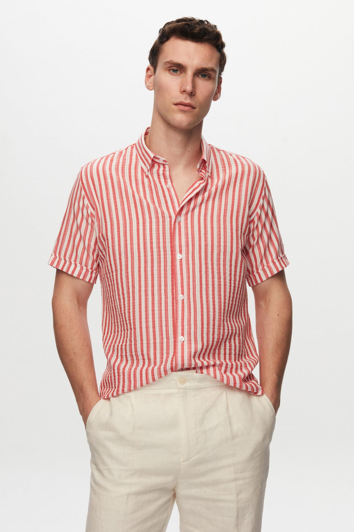 Ds Damat Slim Fit Crinkled Striped Short-Sleeve Summer Shirt  - Brick