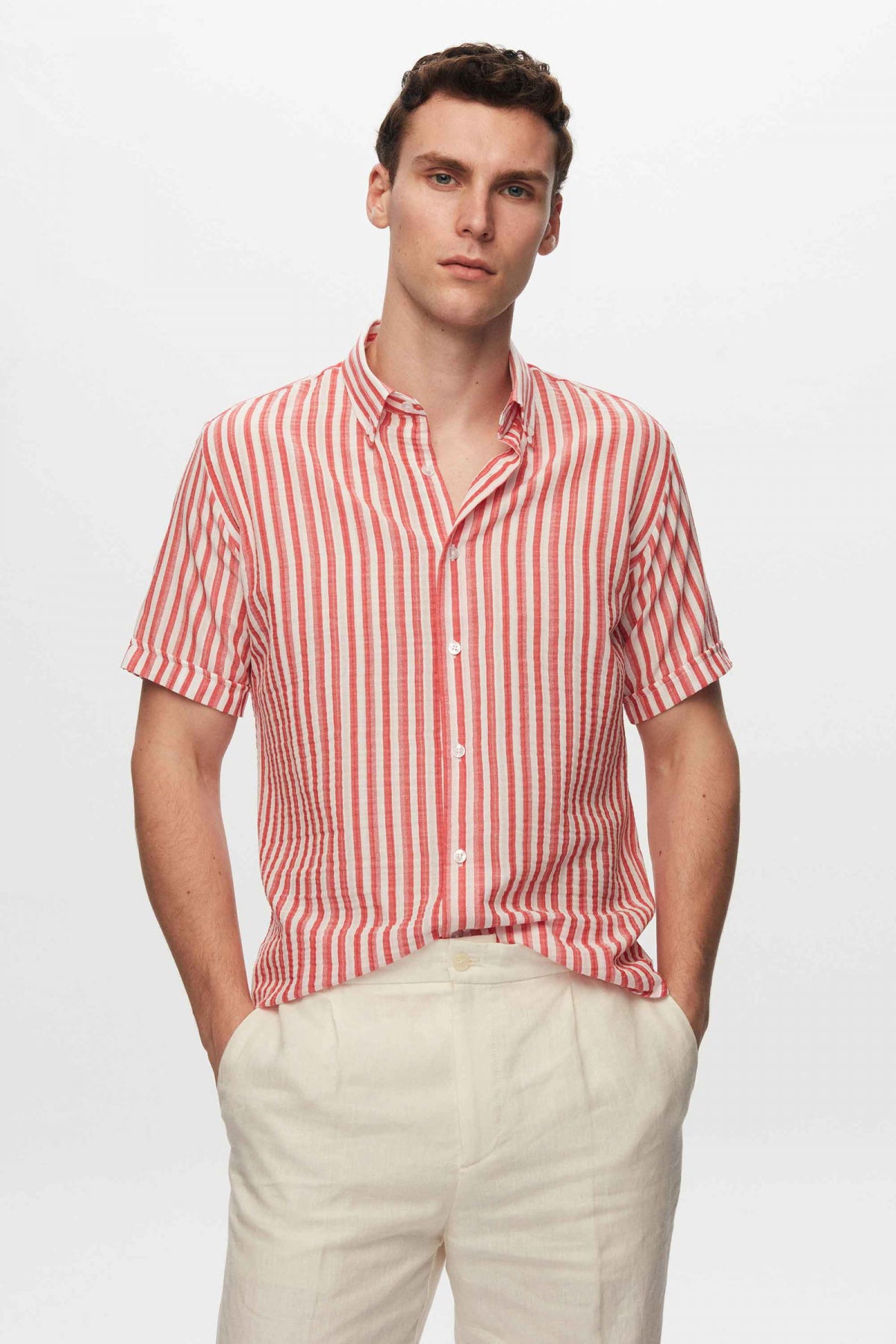 Ds Damat Slim Fit Crinkled Striped Short-Sleeve Summer Shirt  - Brick