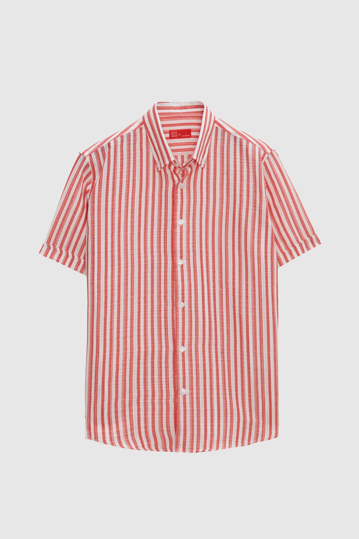 Ds Damat Slim Fit Crinkled Striped Short-Sleeve Summer Shirt  - Brick