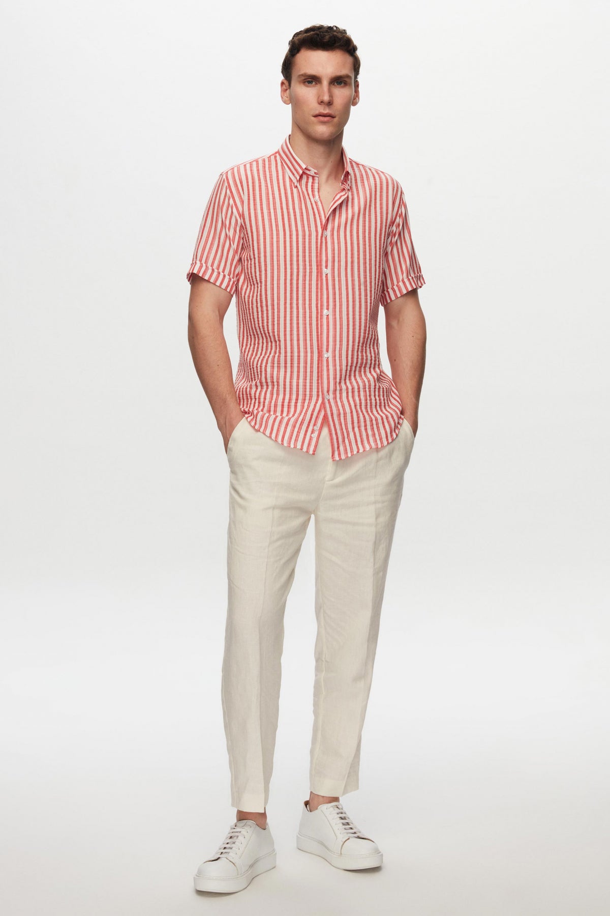 Ds Damat Slim Fit Crinkled Striped Short-Sleeve Summer Shirt  - Brick