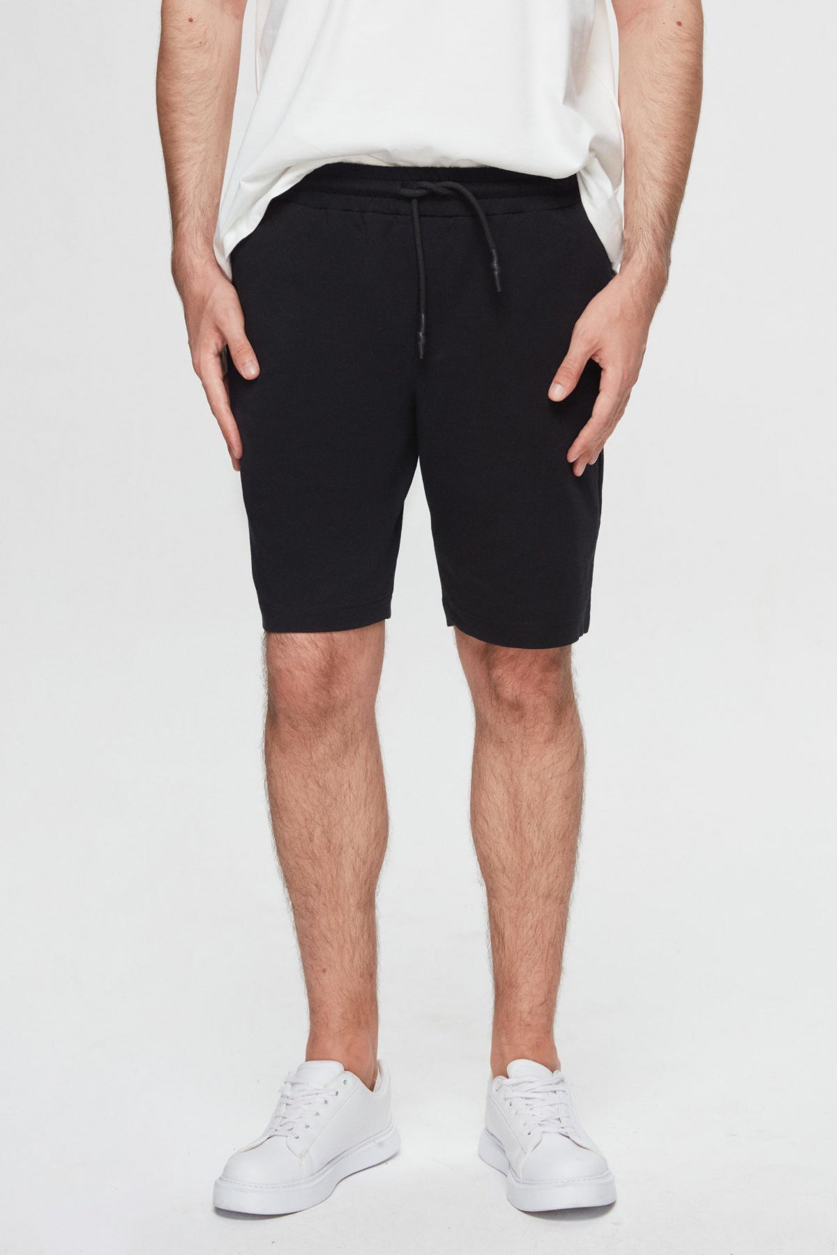 Ds Damat Slim Fit Elastic Waist Drawstring Relaxed Cotton Knit Shorts  - Black