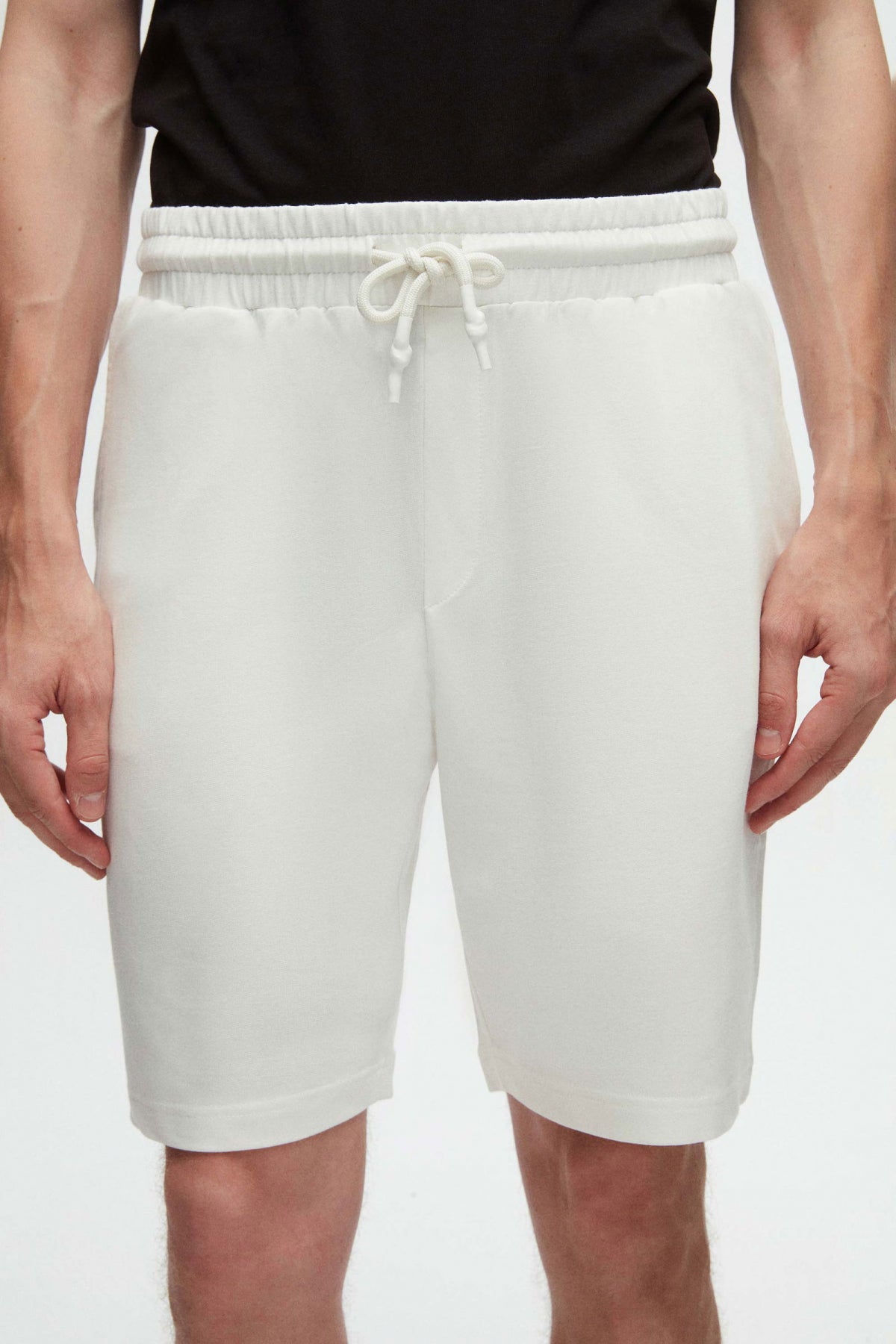Ds Damat Slim Fit Elastic Waist Drawstring Relaxed Cotton Knit Shorts  - Ecru