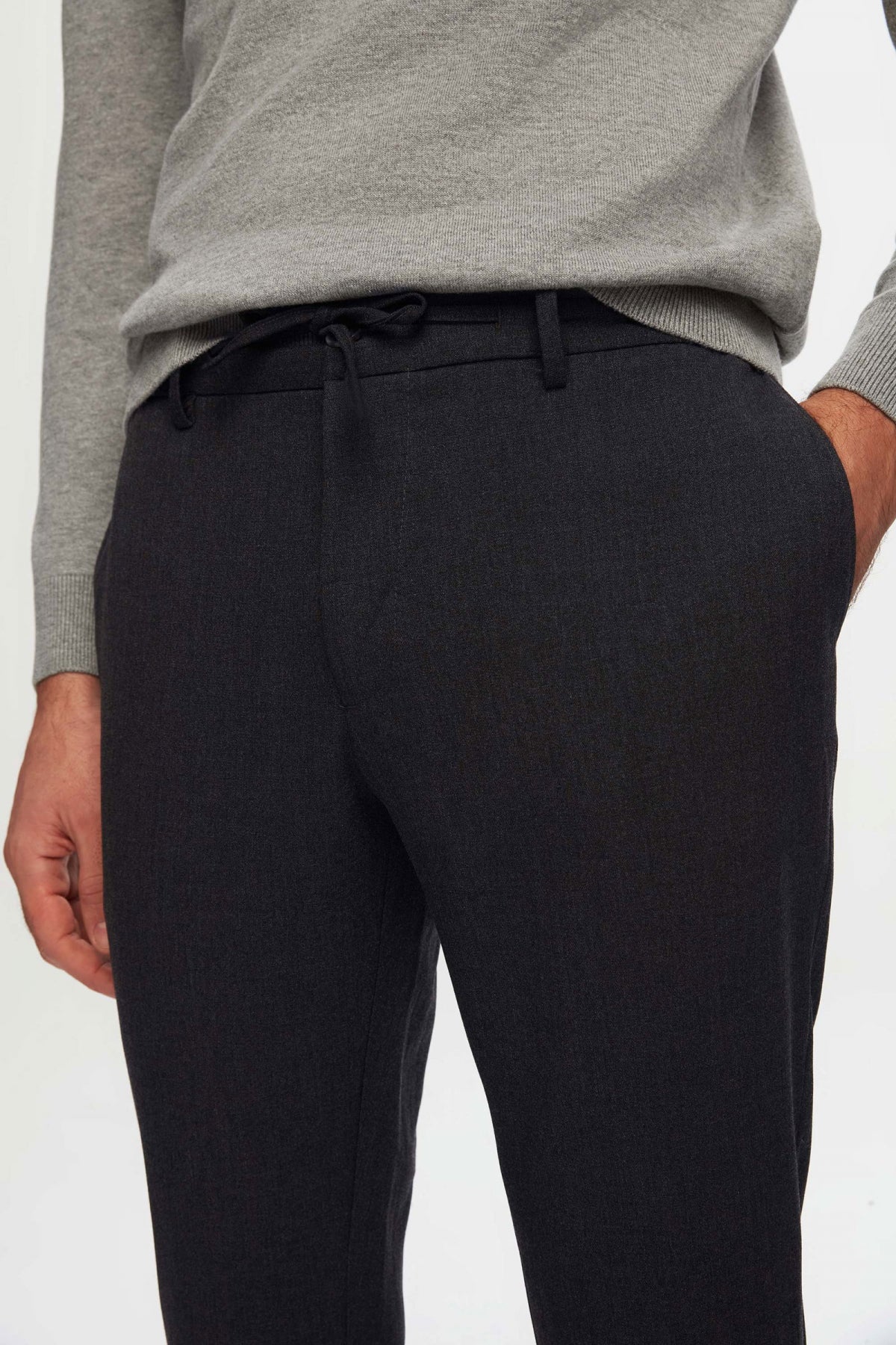 Ds Damat Slim Fit Elastic Waist Drawstring Zippered Stretchable Relaxed Jogger Pants  - Anthracite