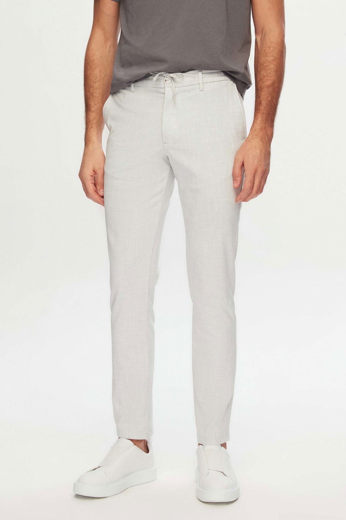 Ds Damat Slim Fit Elastic Waist Drawstring Zippered Stretchable Relaxed Jogger Pants  - Stone