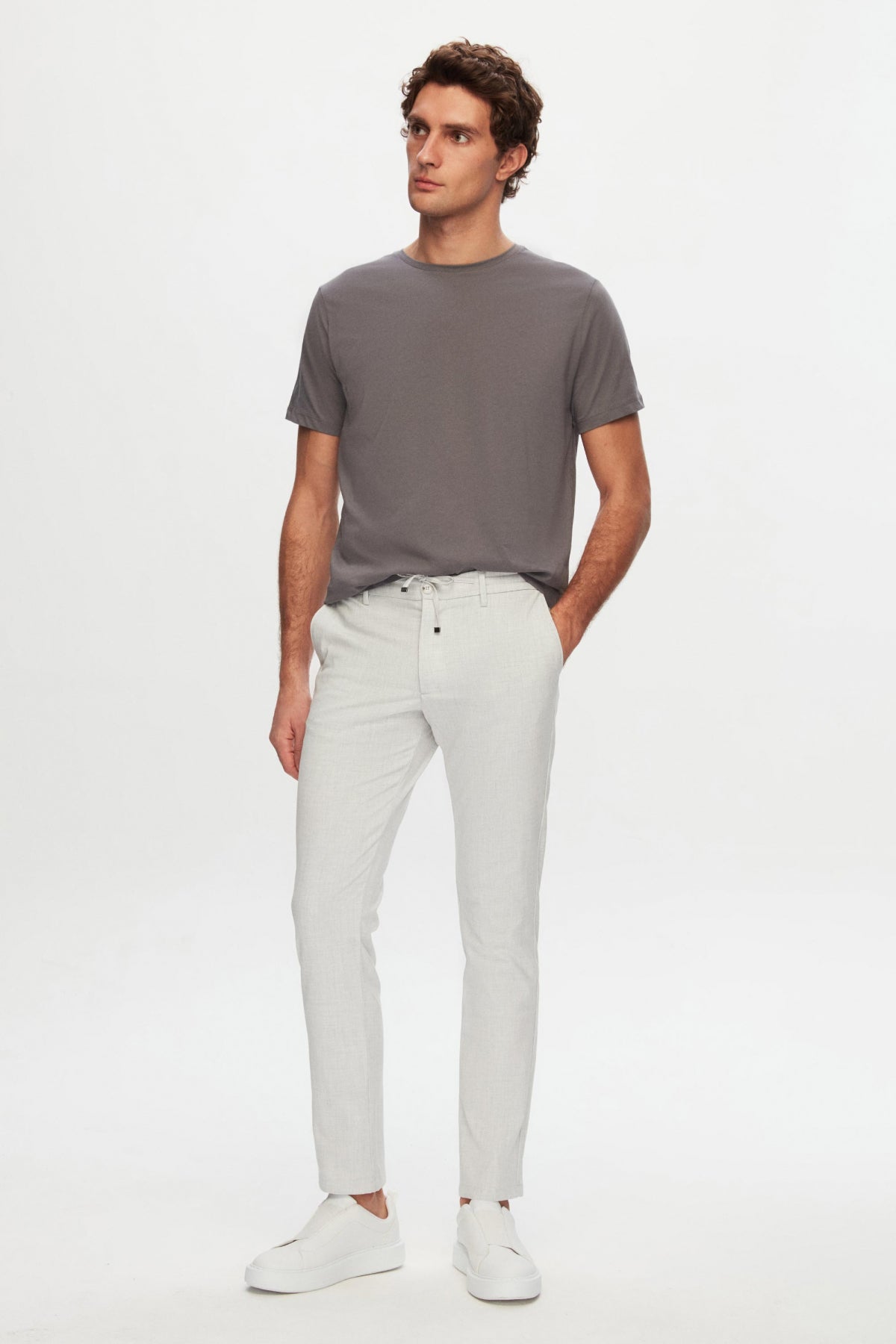 Ds Damat Slim Fit Elastic Waist Drawstring Zippered Stretchable Relaxed Jogger Pants  - Stone