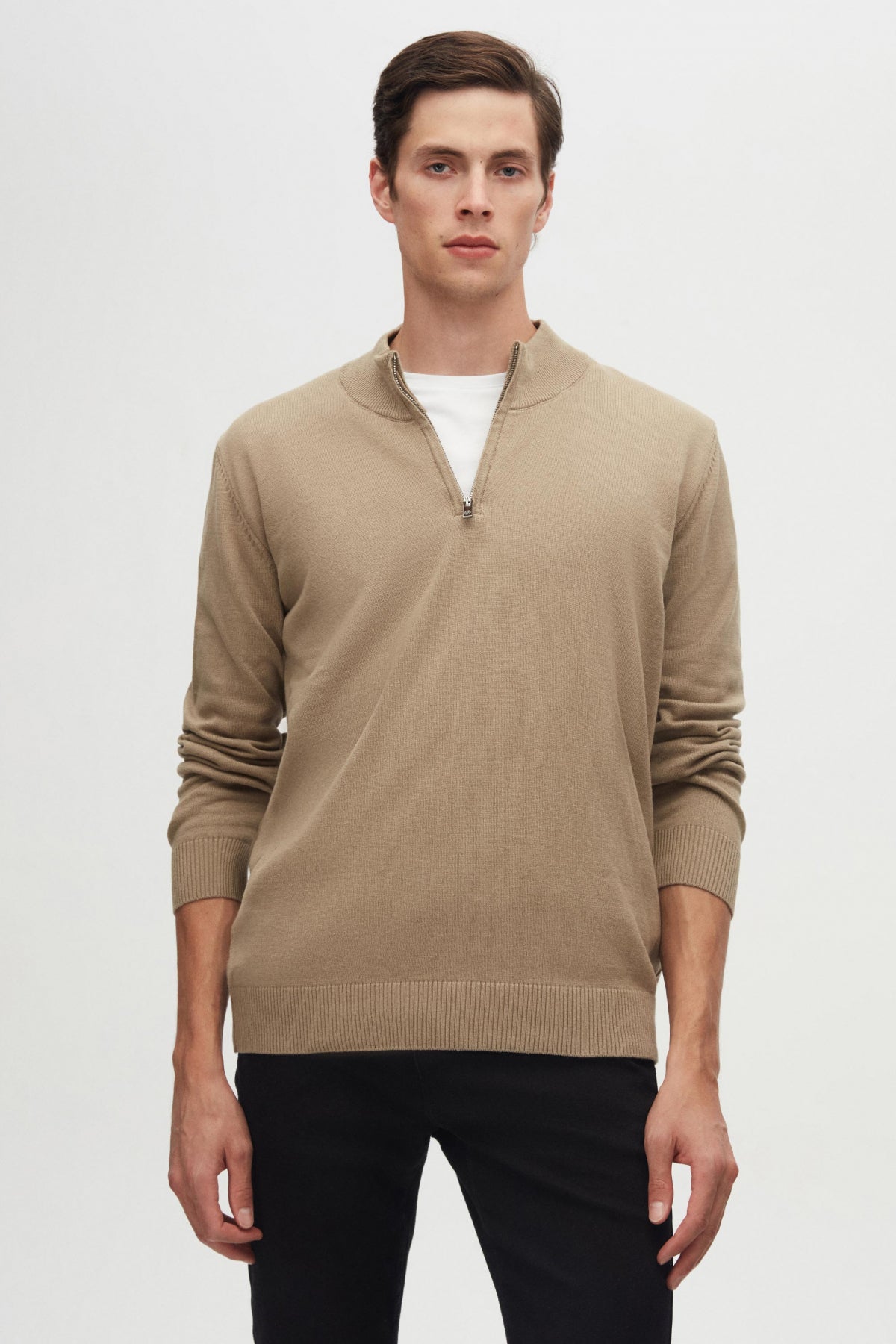 Ds Damat Slim Fit Half-Zip Knit Sweater  - Beige