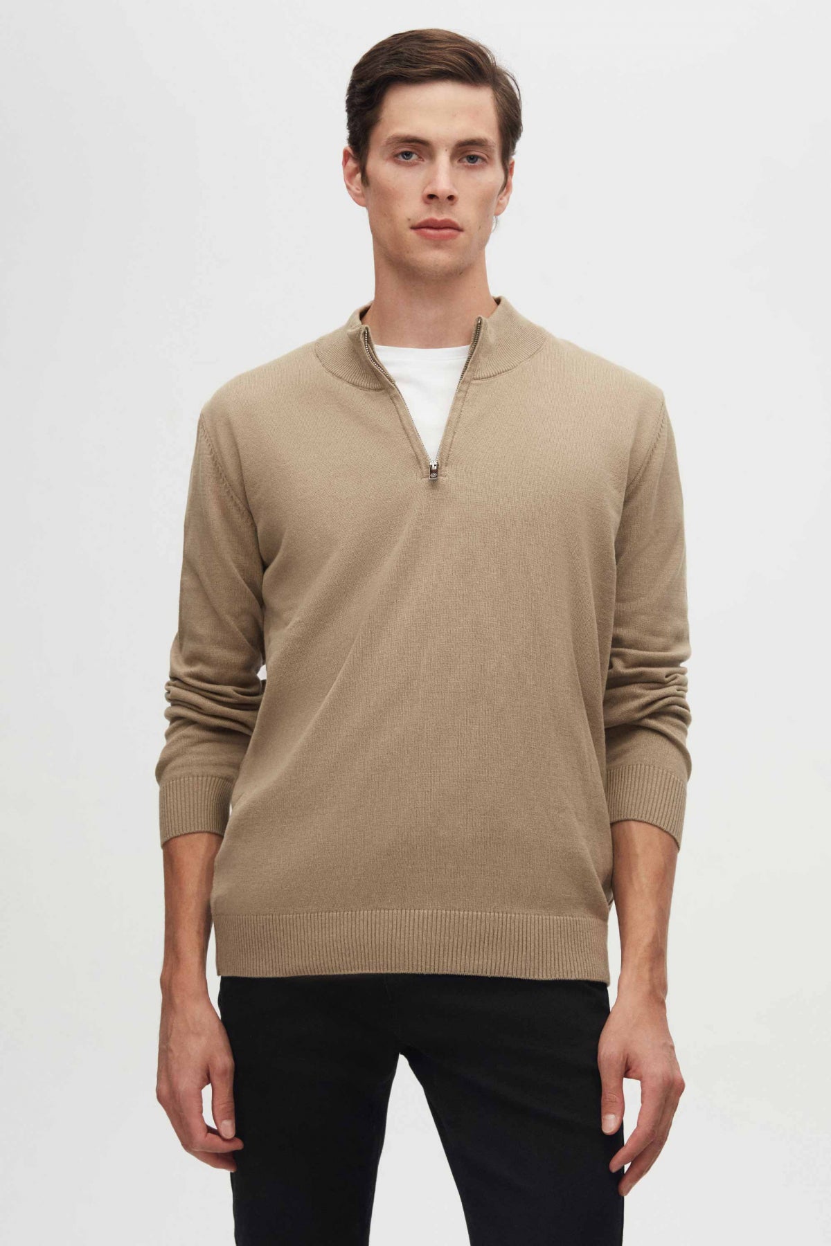 Ds Damat Slim Fit Half-Zip Knit Sweater  - Beige