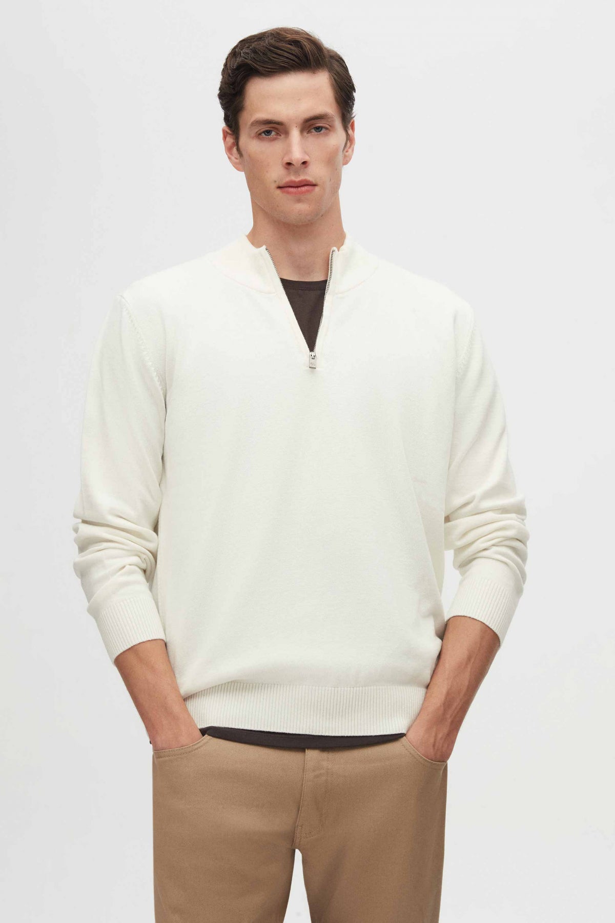 Ds Damat Slim Fit Half-Zip Knit Sweater  - Ecru