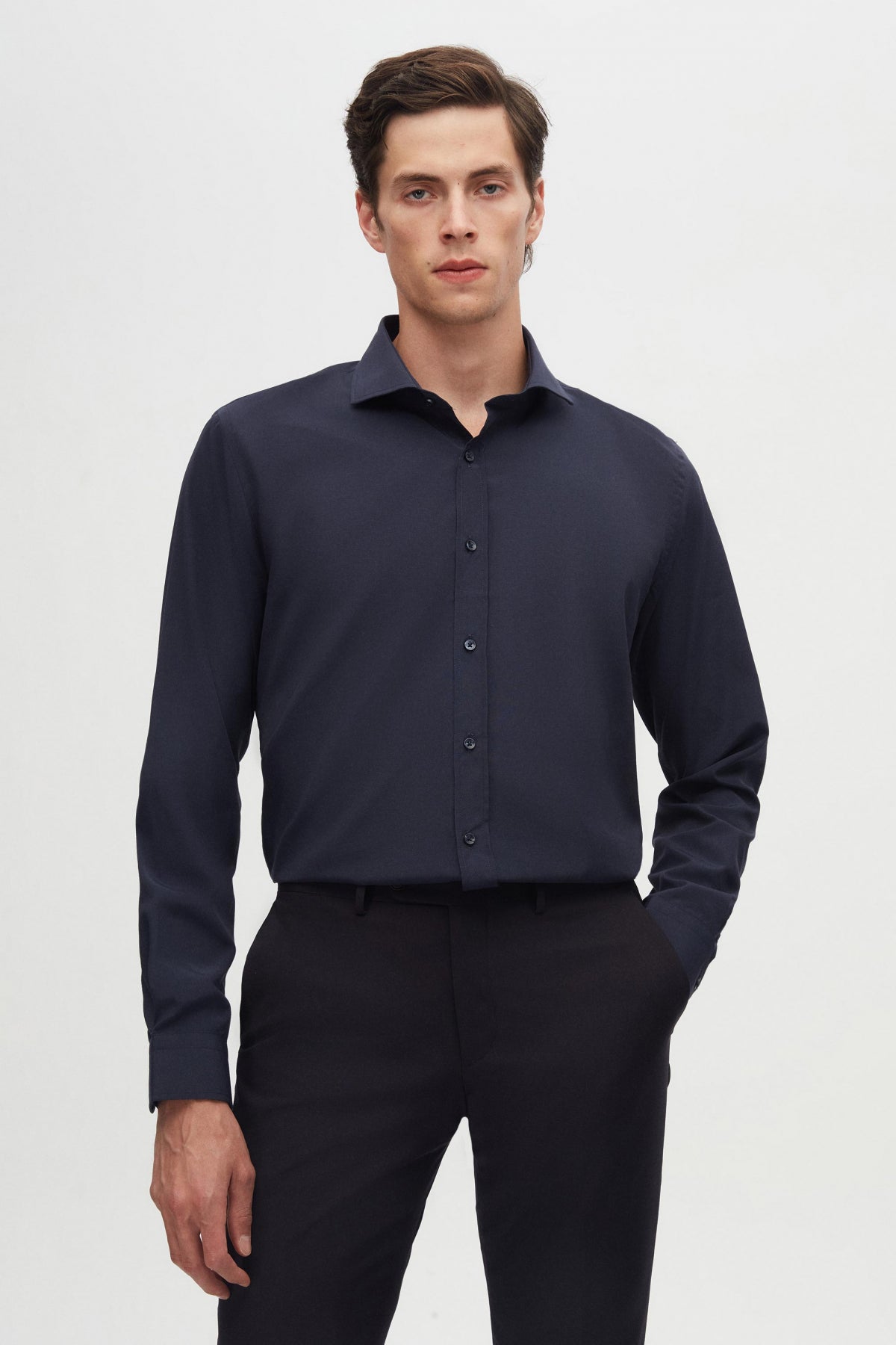 Ds Damat Slim Fit Italian Collar Slim Cut Classic Tie Long-Sleeve Easy-Iron Breathable 2-Pack Shirt  - Navy Blue/Light Blue
