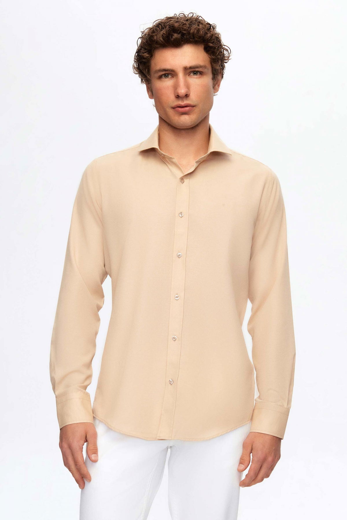 Ds Damat Slim Fit Italian Collar Slim Cut Classic Tie Long-Sleeve Easy-Iron Breathable Shirt  - Beige