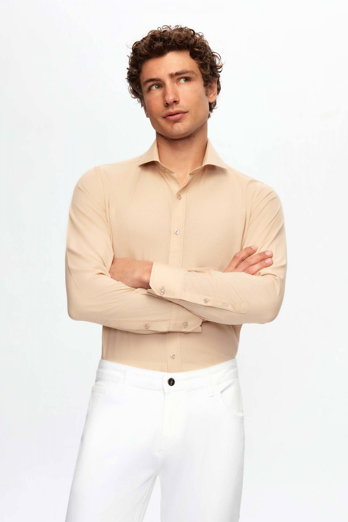Ds Damat Slim Fit Italian Collar Slim Cut Classic Tie Long-Sleeve Easy-Iron Breathable Shirt  - Beige