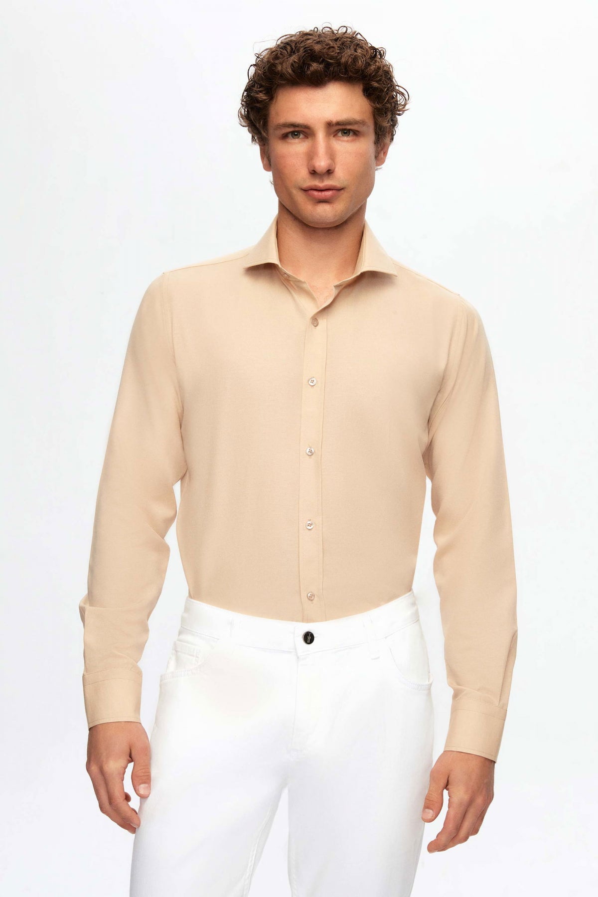 Ds Damat Slim Fit Italian Collar Slim Cut Classic Tie Long-Sleeve Easy-Iron Breathable Shirt  - Beige