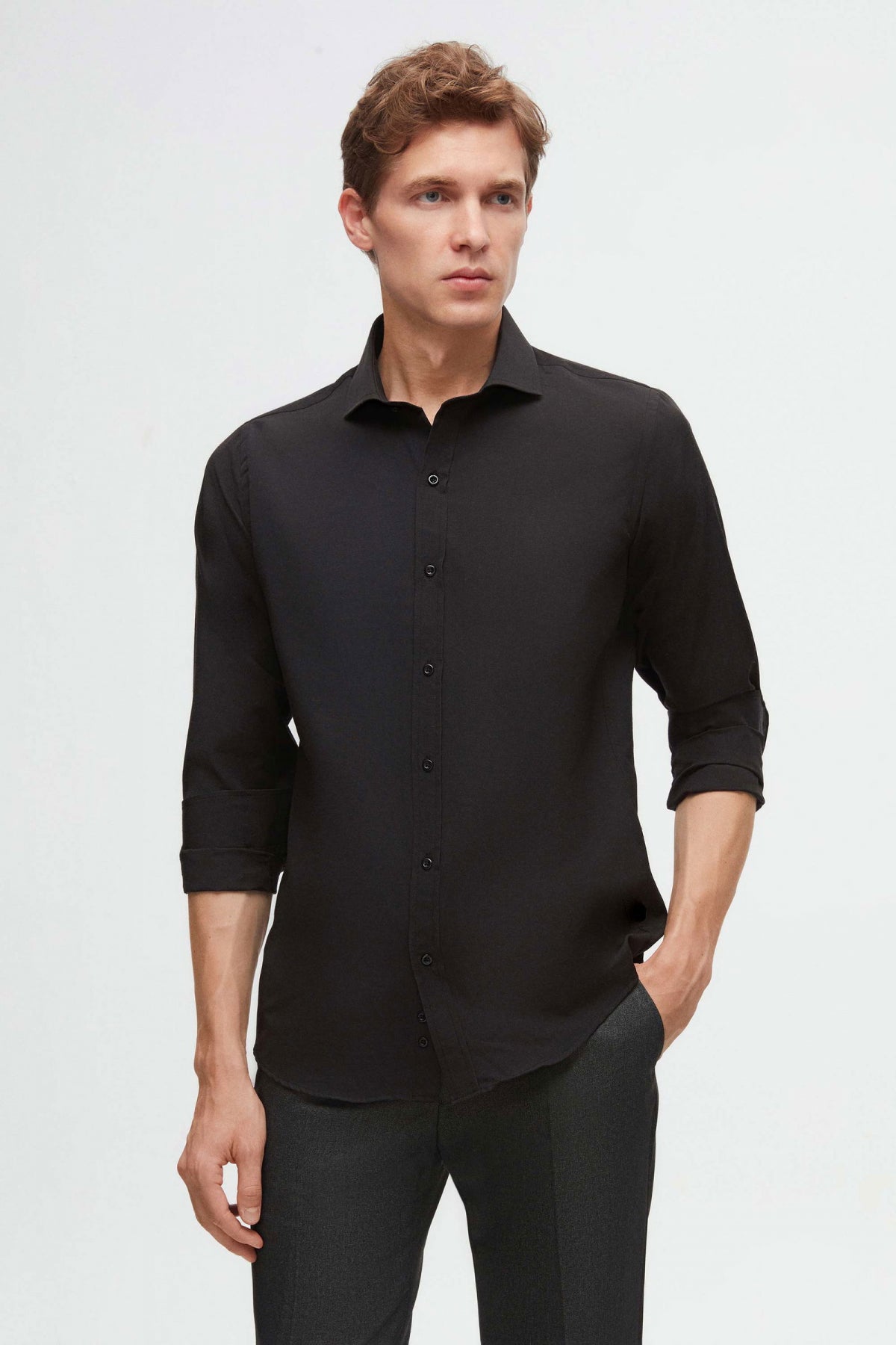 Ds Damat Slim Fit Italian Collar Slim Cut Classic Tie Long-Sleeve Easy-Iron Breathable Shirt  - Black