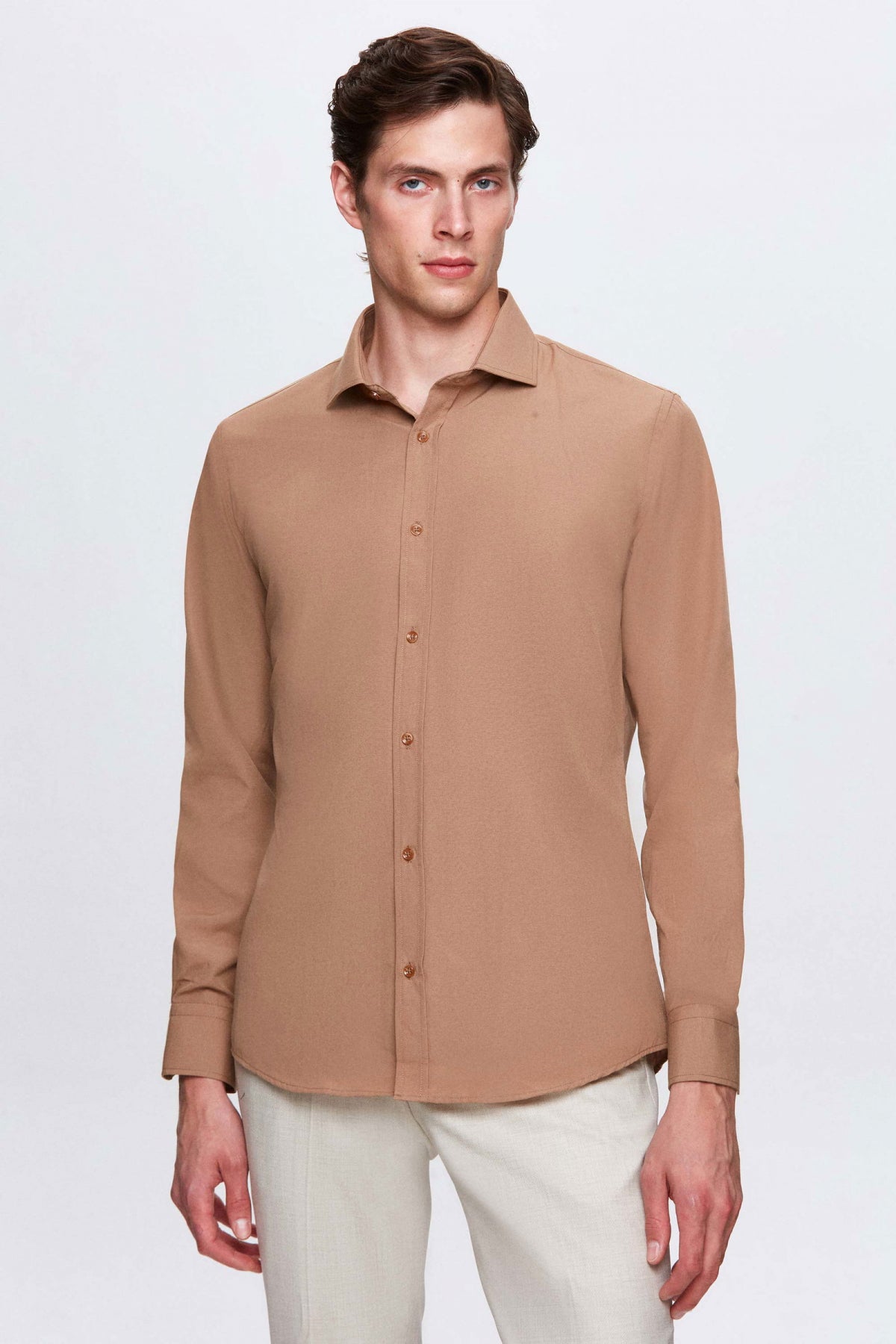 Ds Damat Slim Fit Italian Collar Slim Cut Classic Tie Long-Sleeve Easy-Iron Breathable Shirt  - Brown