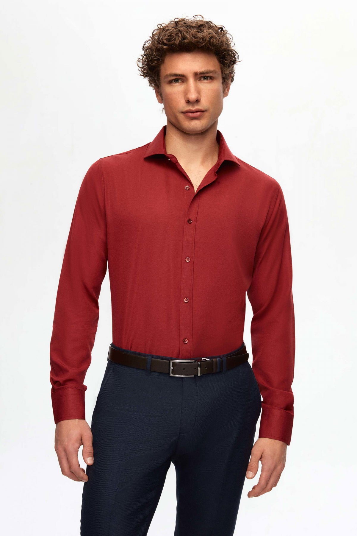 Ds Damat Slim Fit Italian Collar Slim Cut Classic Tie Long-Sleeve Easy-Iron Breathable Shirt  - Burgundy