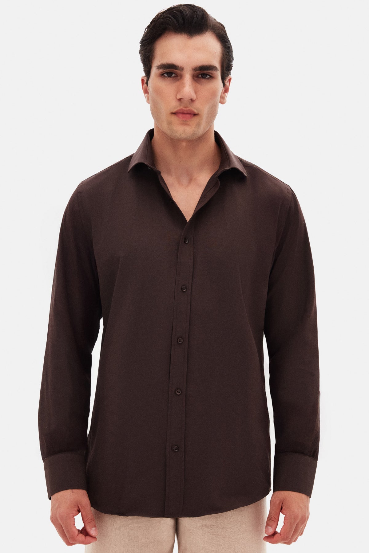 Ds Damat Slim Fit Italian Collar Slim Cut Classic Tie Long-Sleeve Easy-Iron Breathable Shirt  - Dark Brown