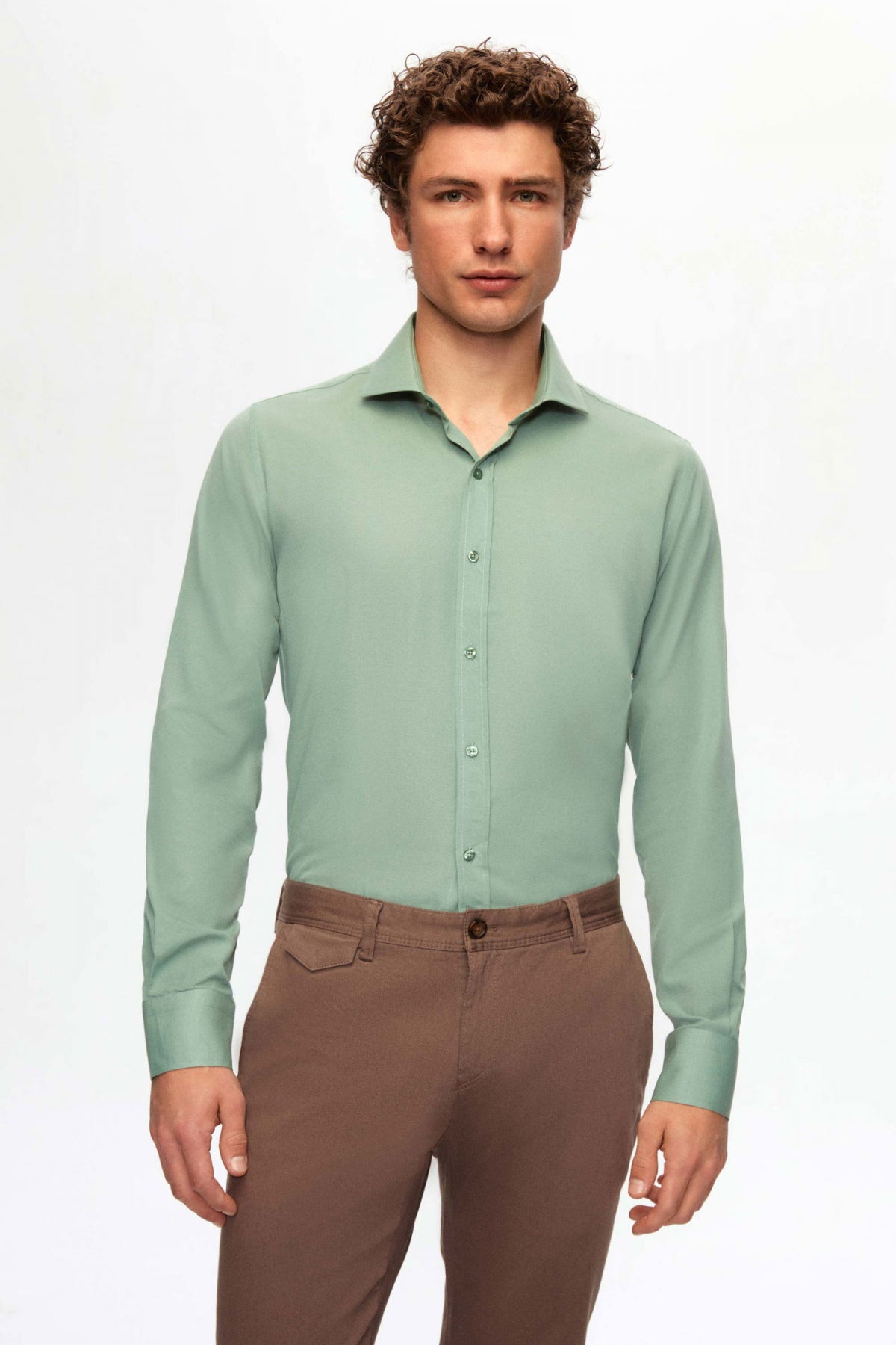 Ds Damat Slim Fit Italian Collar Slim Cut Classic Tie Long-Sleeve Easy-Iron Breathable Shirt  - Green