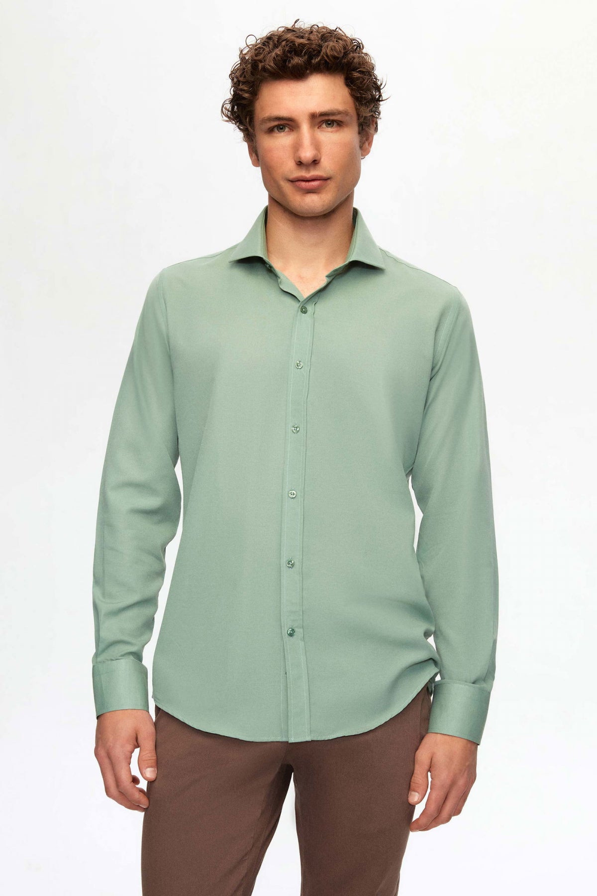 Ds Damat Slim Fit Italian Collar Slim Cut Classic Tie Long-Sleeve Easy-Iron Breathable Shirt  - Green